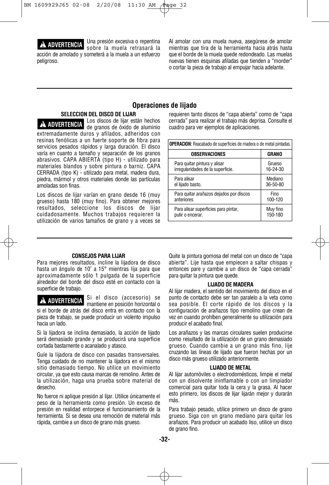 Bosch Power Tools 1812PSD manual Operaciones de lijado, Seleccion DEL Disco DE Lijar, Consejos Para Lijar, Lijado DE Madera 