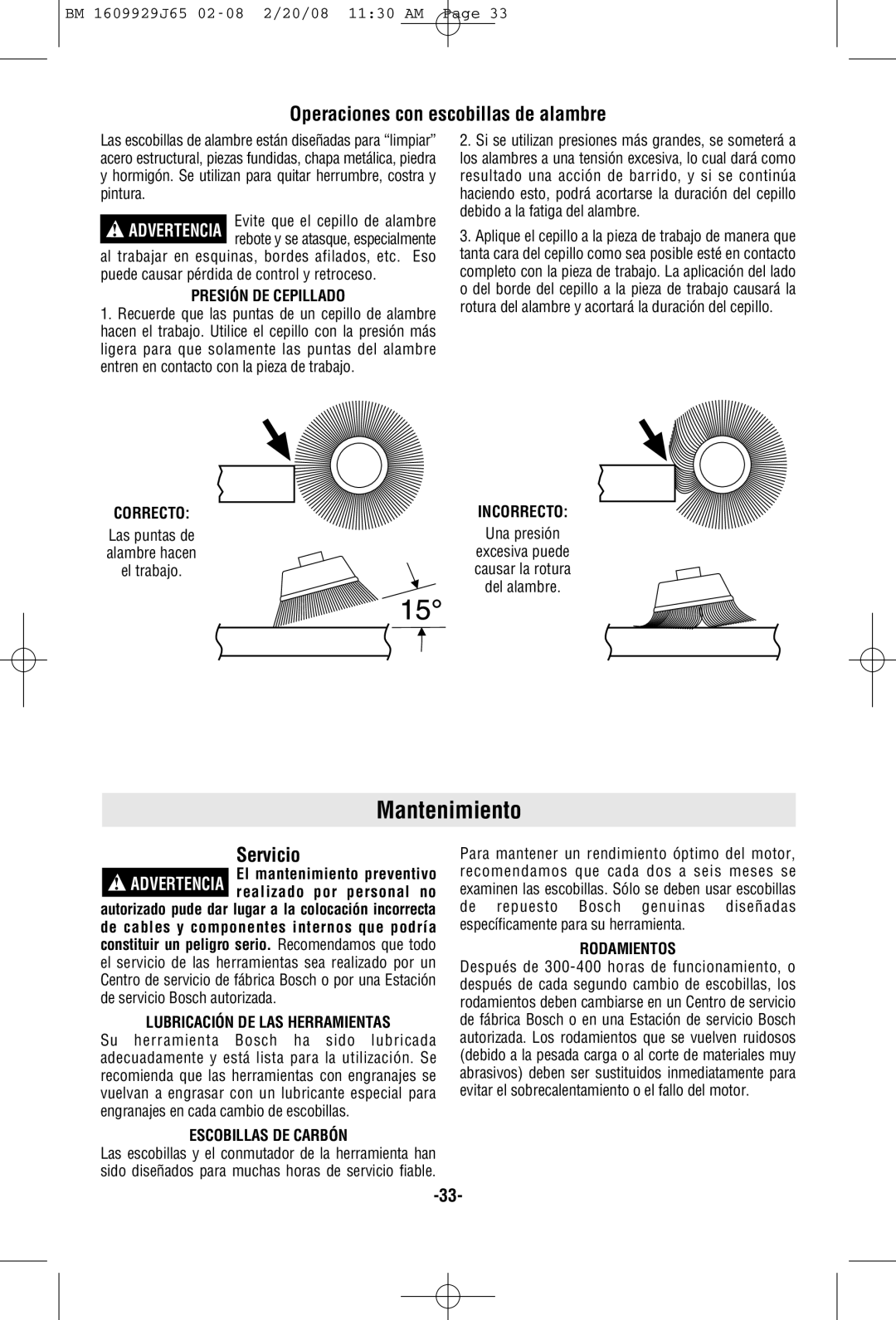 Bosch Power Tools 1812PSD, 1811PSD, 1810PSD manual Mantenimiento, Operaciones con escobillas de alambre, Servicio 