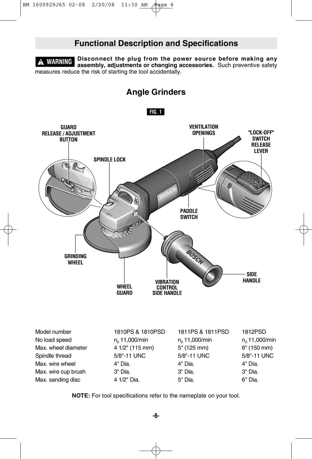 Bosch Power Tools 1811PSD, 1812PSD, 1810PSD manual Functional Description and Specifications, Angle Grinders, Guard 