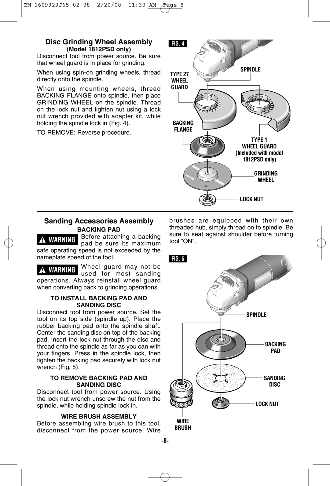 Bosch Power Tools 1812PSD, 1811PSD, 1810PSD manual Disc Grinding Wheel Assembly, Sanding Accessories Assembly 