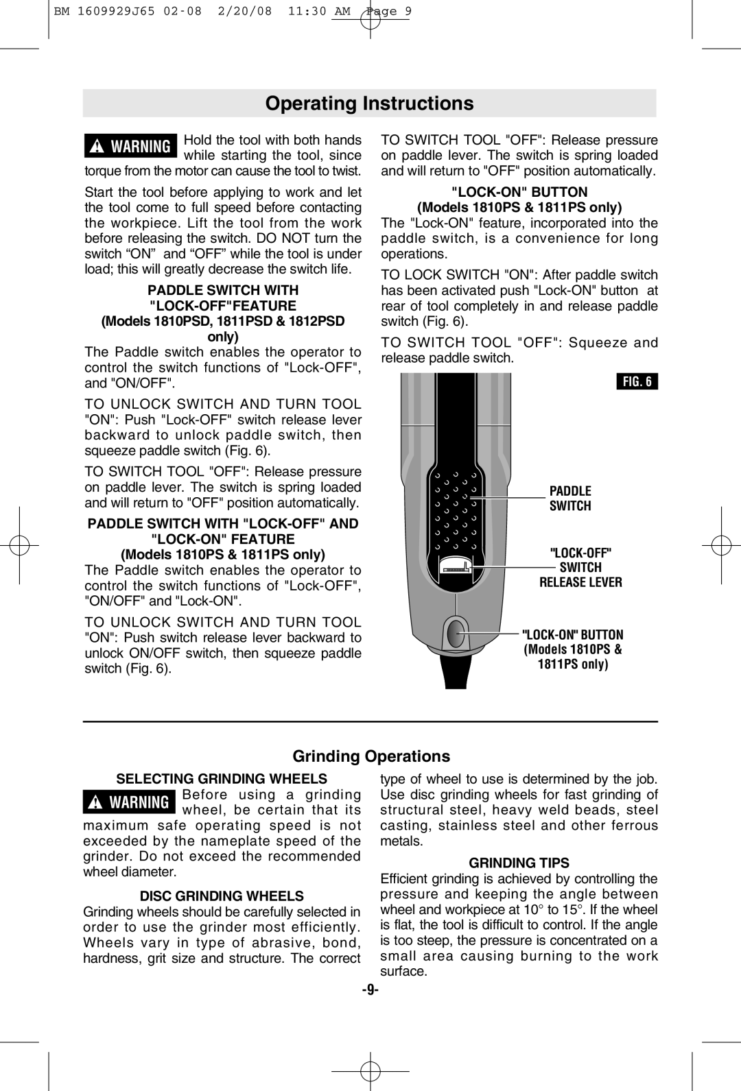 Bosch Power Tools 1812PSD, 1811PSD, 1810PSD manual Operating Instructions, Grinding Operations 