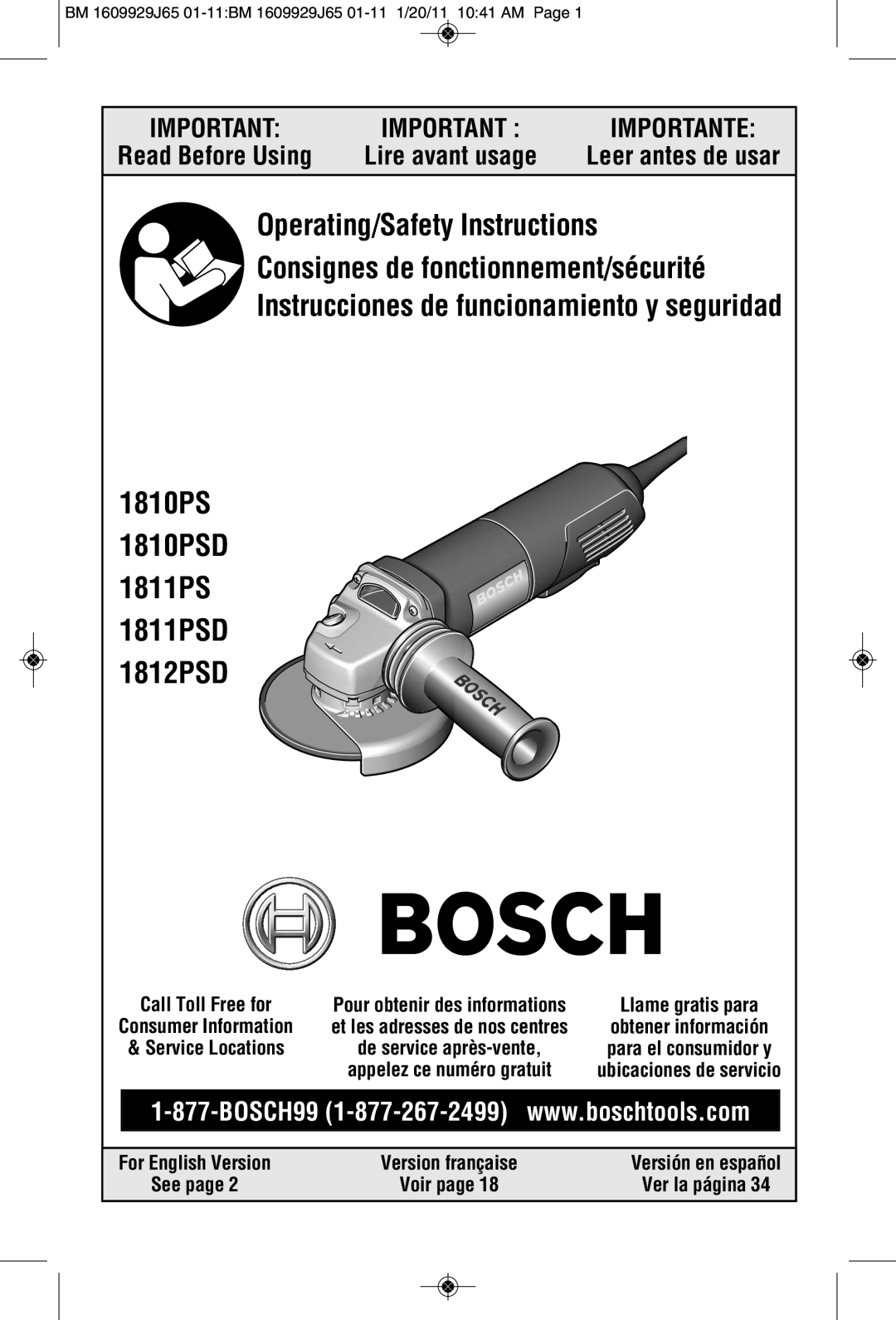 Bosch Power Tools 1812PSD, 1811PSD manual Lire avant usage, Leer antes de usar, See page, Ver la página, Importante 