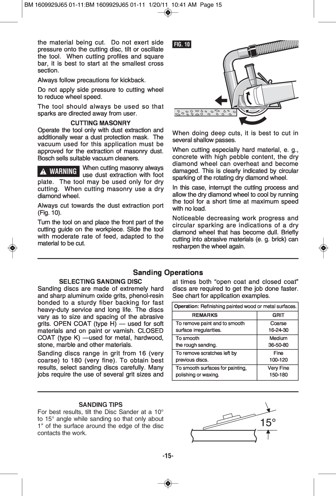 Bosch Power Tools 1810PSD, 1812PSD, 1811PS manual Sanding Operations, CUTTING MASONRy, Selecting Sanding Disc, Sanding Tips 