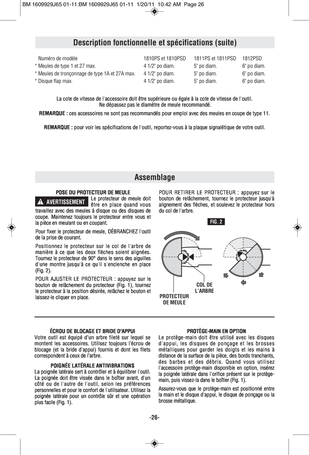 Bosch Power Tools 1811PSD manual Description fonctionnelle et spécifications suite, Assemblage, Pose Du Protecteur De Meule 