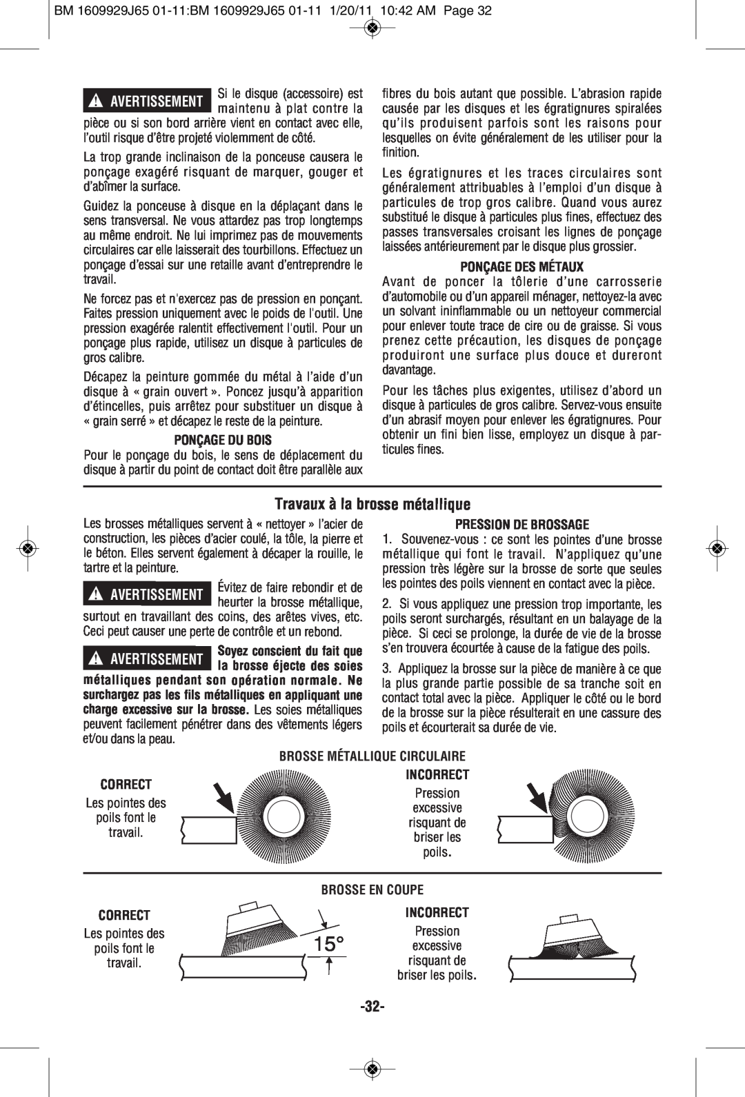 Bosch Power Tools 1812PSD manual Travaux à la brosse métallique, Ponçage Du Bois, Ponçage Des Métaux, Pression De Brossage 