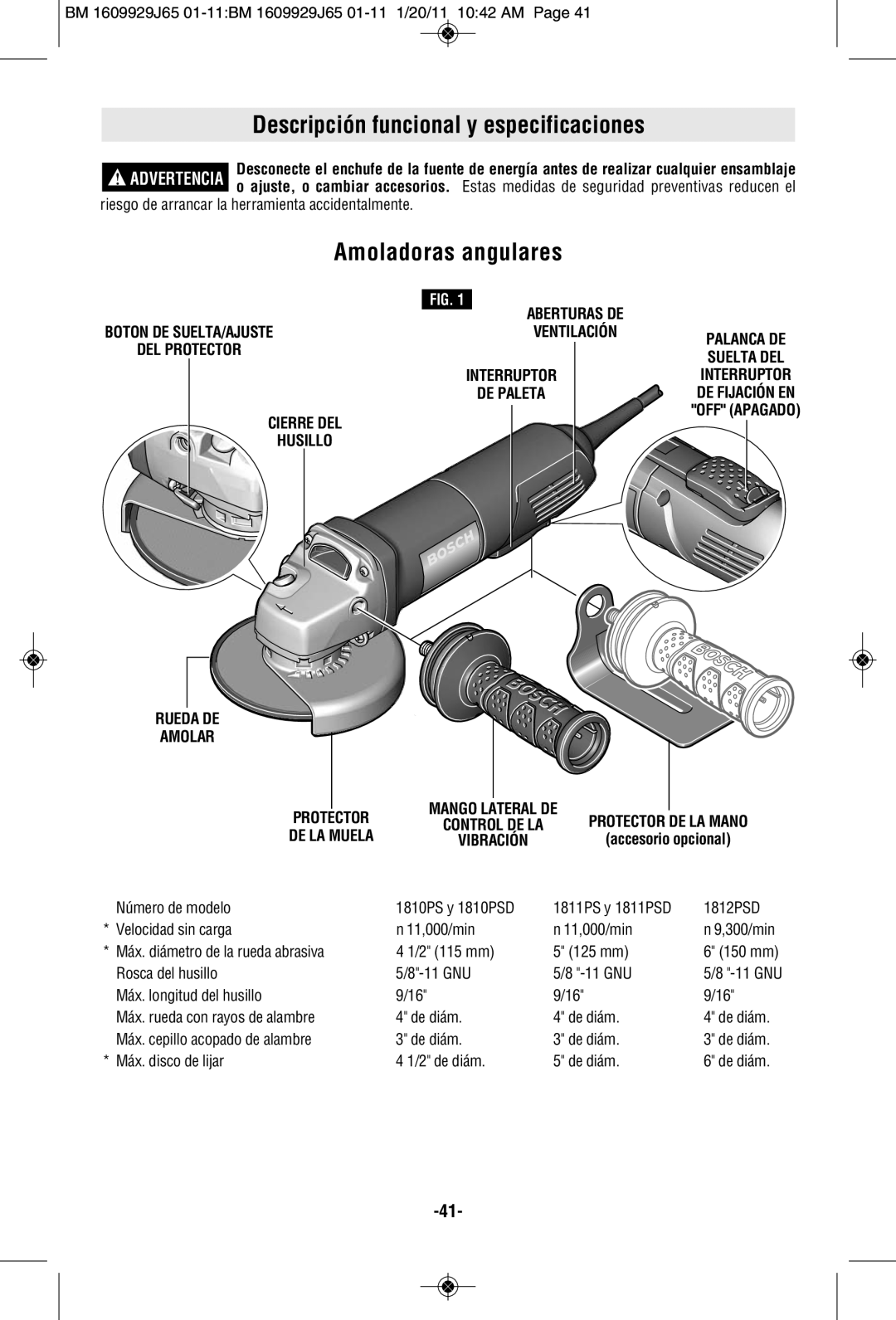 Bosch Power Tools 1812PSD, 1811PSD Descripción funcional y especificaciones, Amoladoras angulares, Rueda De, Amolar 