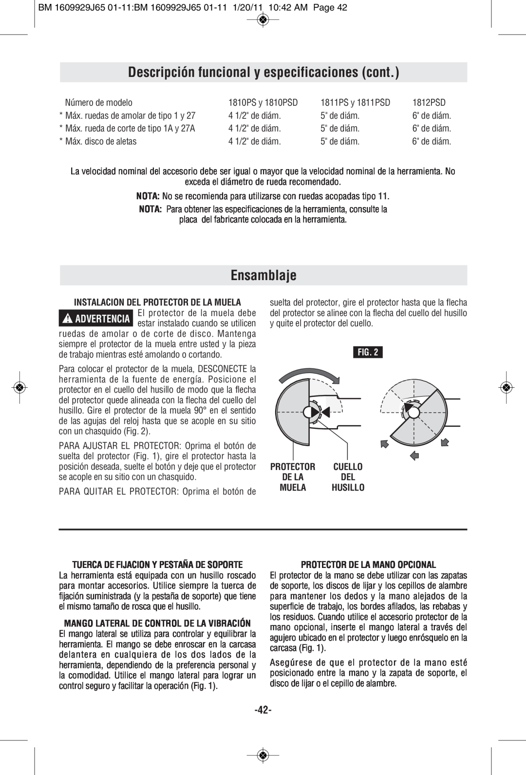 Bosch Power Tools 1811PSD manual Descripción funcional y especificaciones cont, Ensamblaje, Protector De La Mano Opcional 