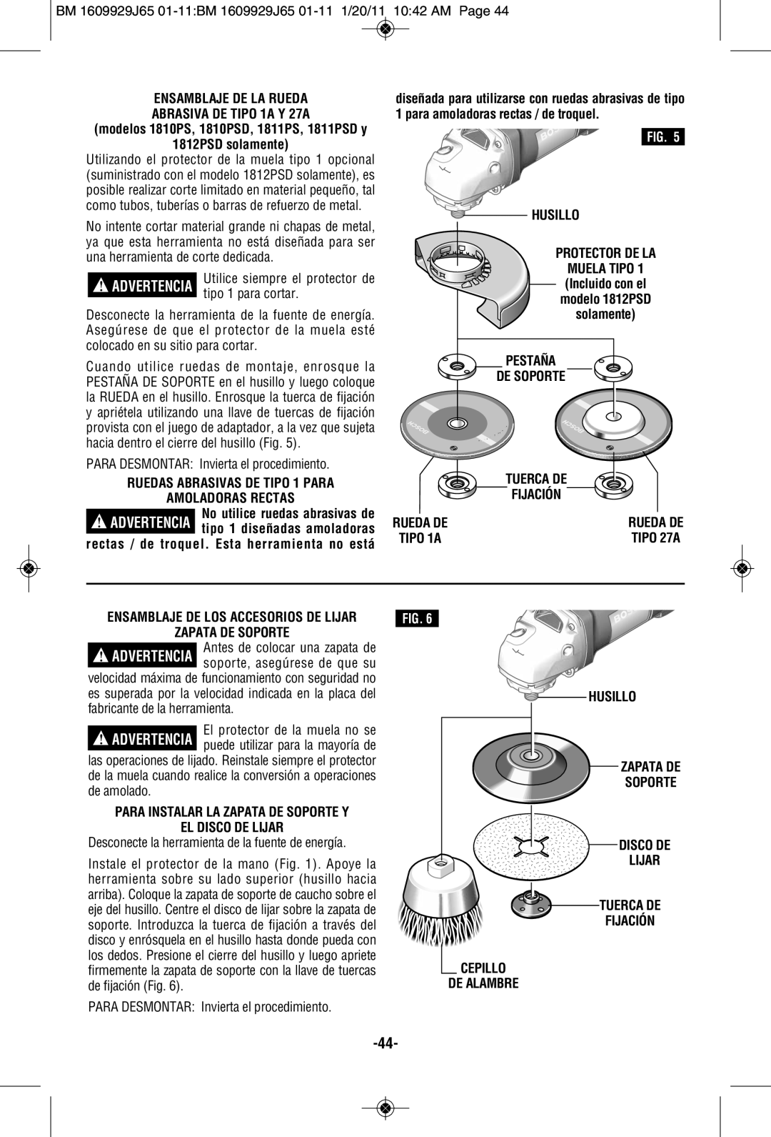 Bosch Power Tools manual ENSAMBLAJE DE LA RUEDA ABRASIVA DE TIPO 1A Y 27A, 1812PSD solamente, Husillo, Zapata De Soporte 
