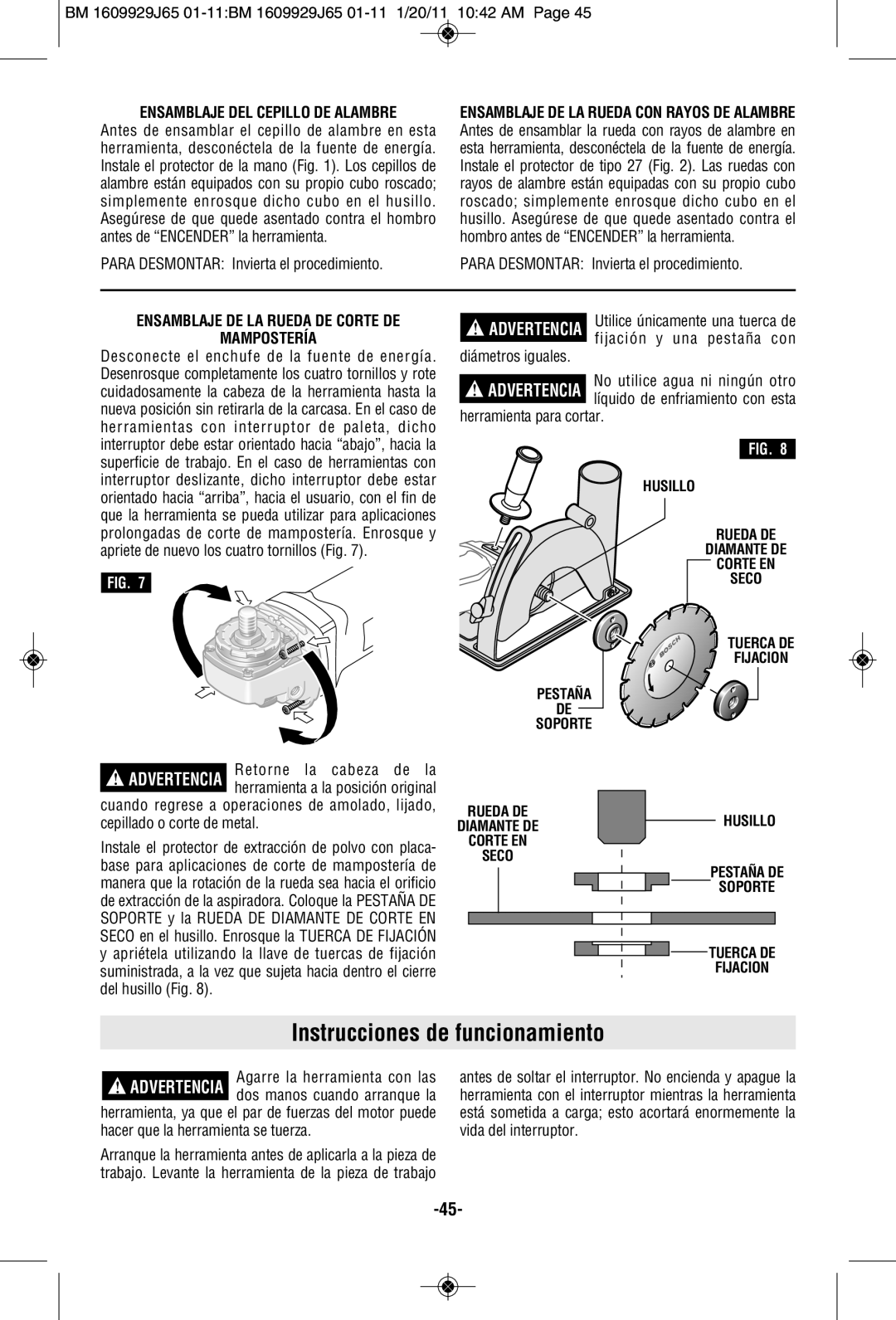 Bosch Power Tools 1811PS manual Instrucciones de funcionamiento, Ensamblaje Del Cepillo De Alambre, Retorne la cabeza de la 