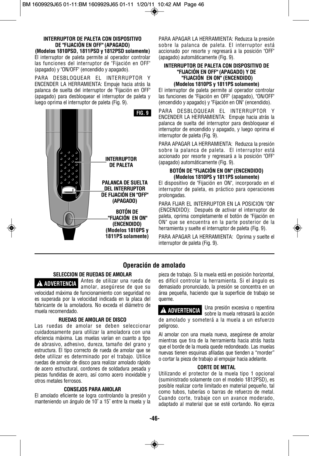 Bosch Power Tools 1811PSD, 1812PSD manual Operación de amolado, De Fijación En Off Apagado, Interruptor De Paleta, Botón De 
