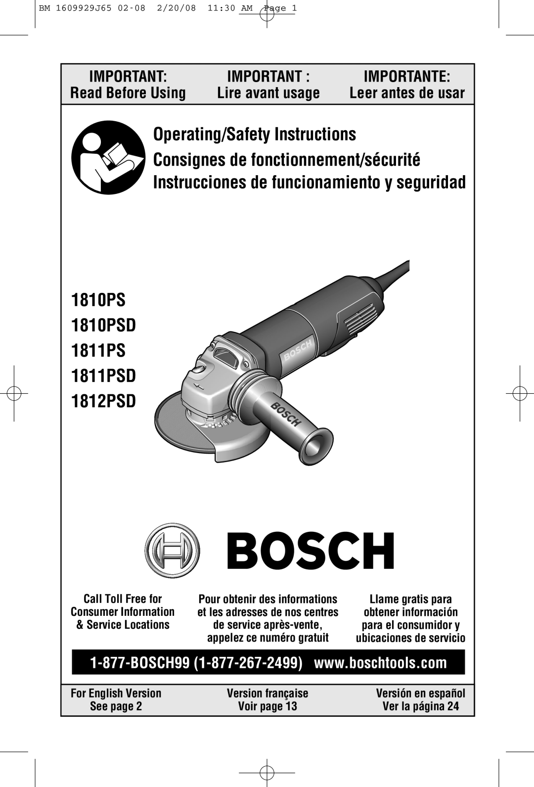Bosch Power Tools 1811PS manual Read Before Using, Lire avant usage, Leer antes de usar, Call Toll Free for, See page 