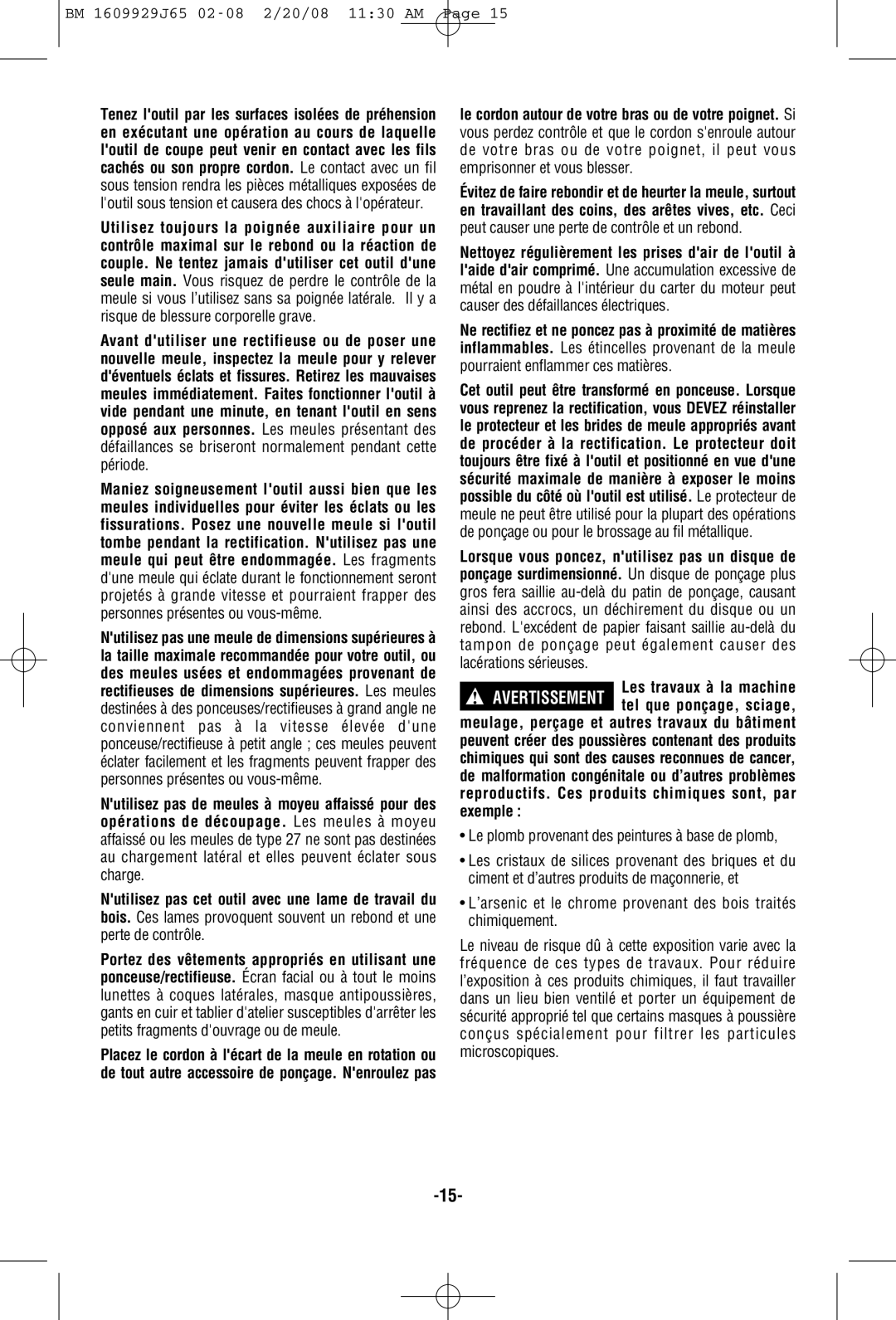 Bosch Power Tools 1810PSD manual BM 1609929J65 02-08 2/20/08 1130 AM Page, Le plomb provenant des peintures à base de plomb 