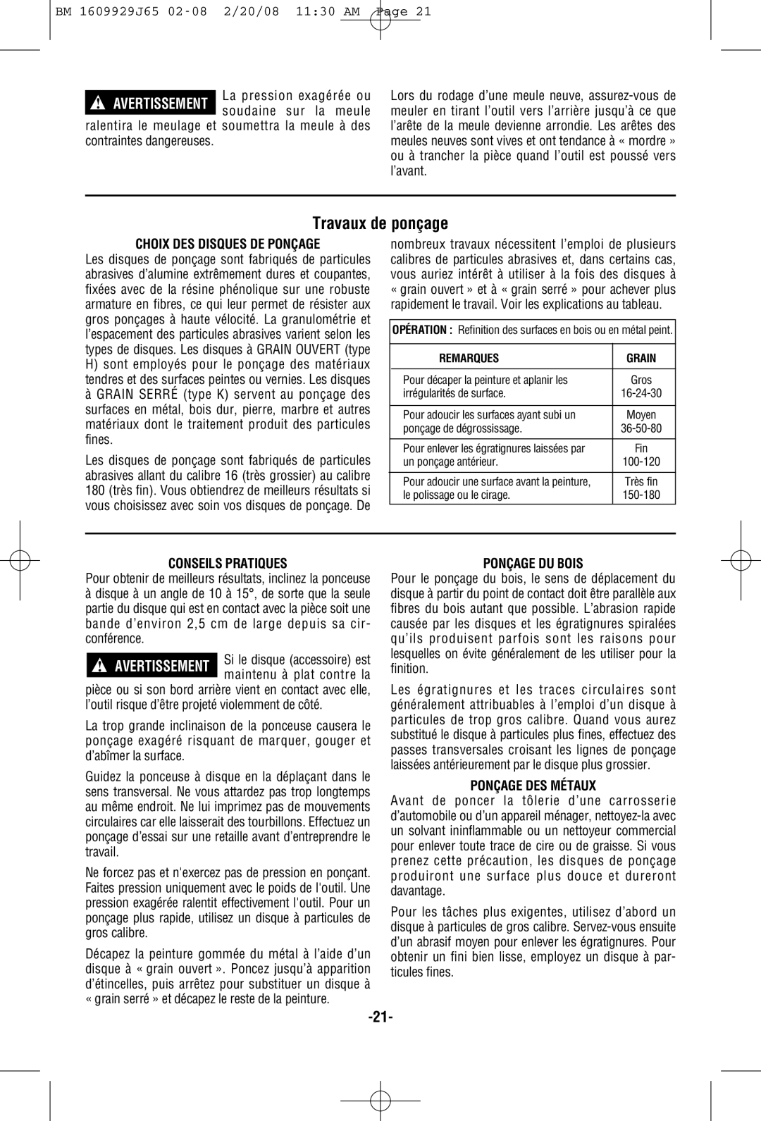 Bosch Power Tools 1812PSD, 1811PSD, 1810PSD manual Travaux de ponçage, Avertissement 