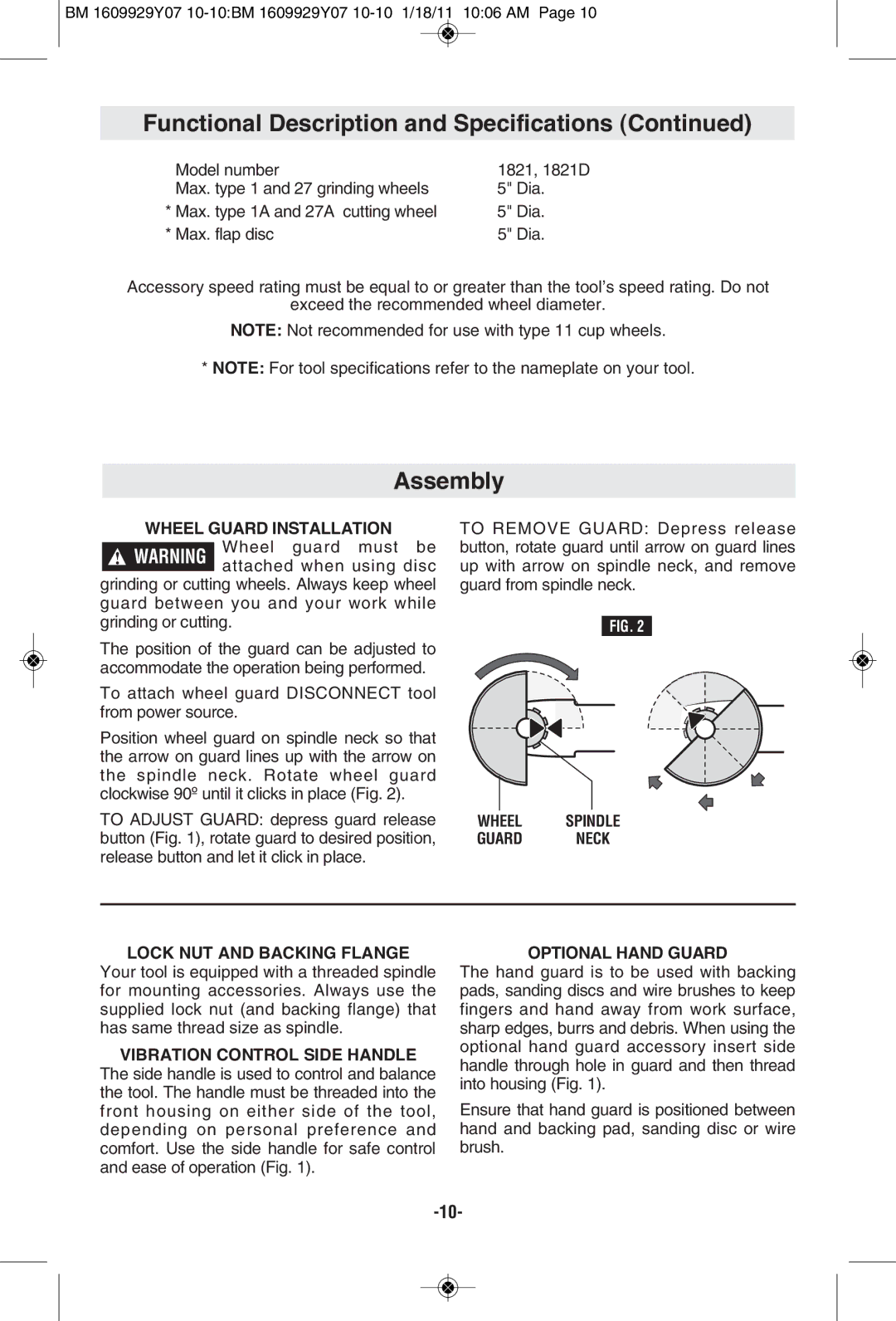 Bosch Power Tools 1821 manual Assembly, Wheel Guard Installation, Wheel Spindle Guard Neck Lock NUT and Backing Flange 