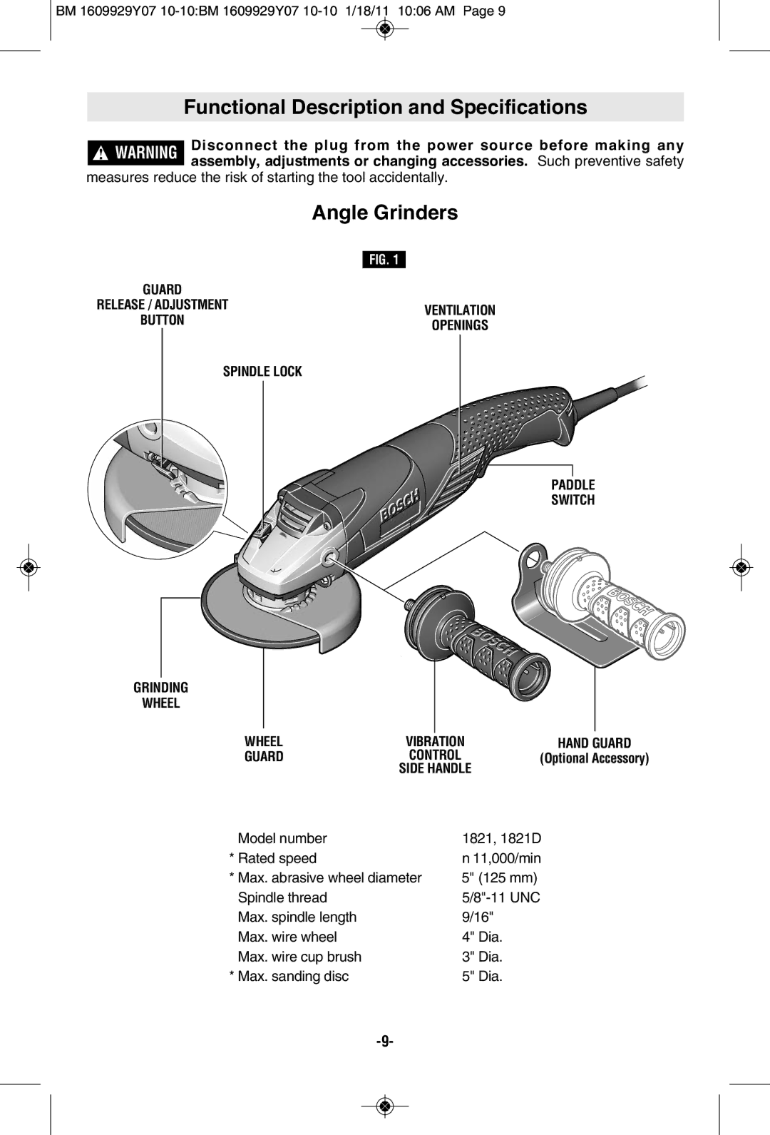 Bosch Power Tools 1821 Functional Description and Specifications, Angle Grinders, Guard, Paddle Switch Grinding Wheel 