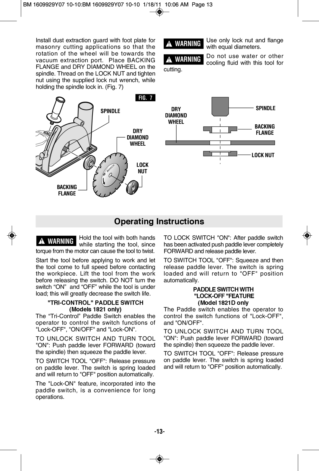 Bosch Power Tools 1821D manual Operating Instructions, Spindle DRY Diamond Wheel, Spindle Backing Flange Lock NUT 