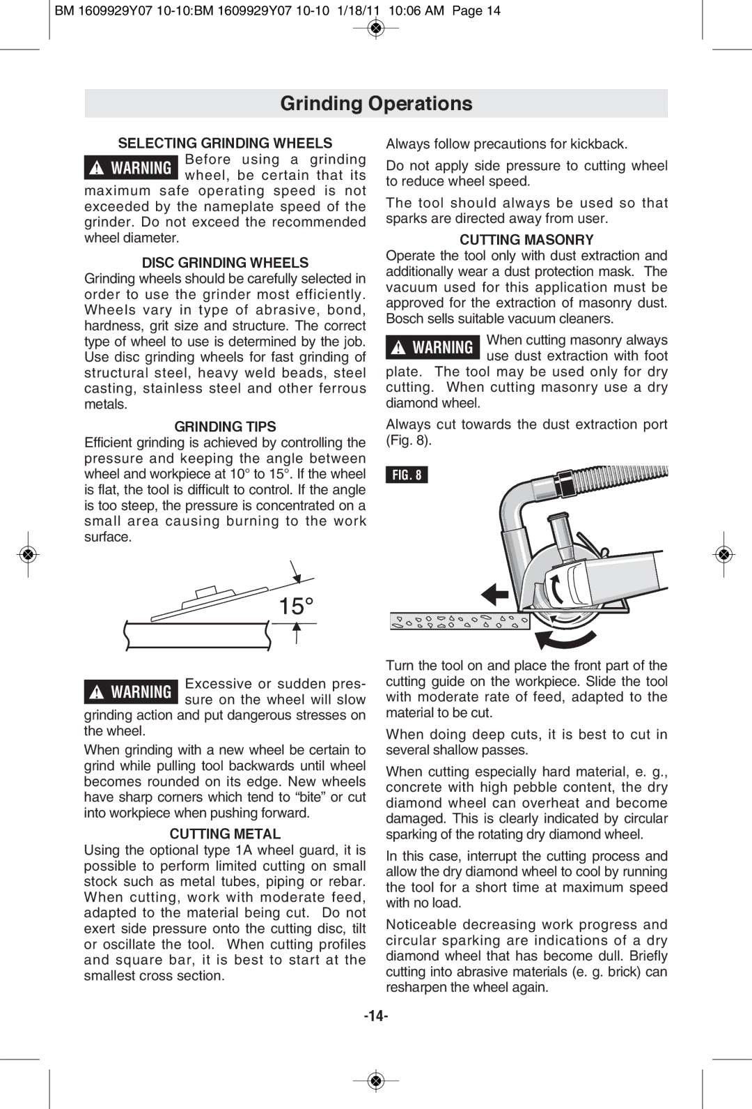 Bosch Power Tools 1821D manual Grinding Operations, Disc Grinding Wheels, Grinding Tips, Cutting Metal, Cutting Masonry 