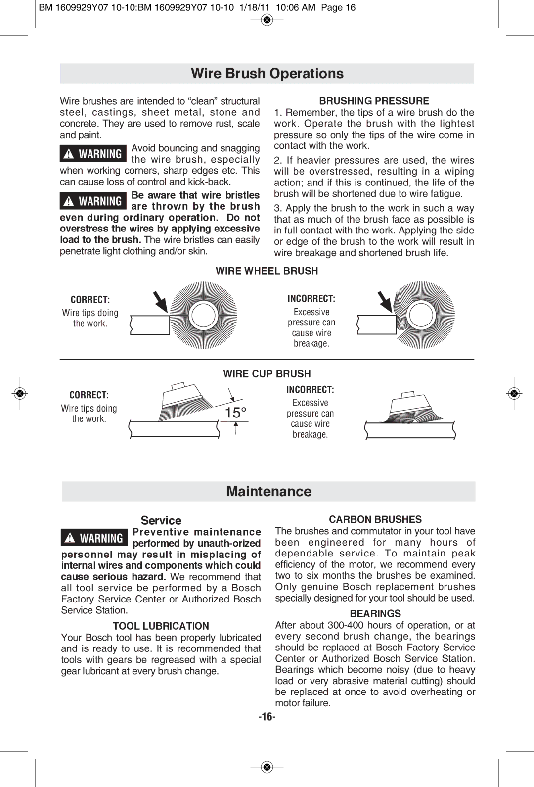 Bosch Power Tools 1821D manual Wire Brush Operations, Maintenance 
