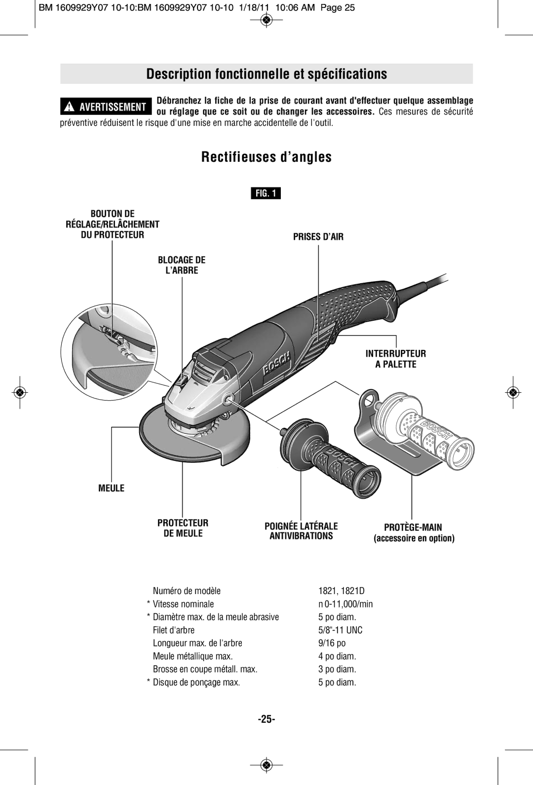 Bosch Power Tools 1821D manual Description fonctionnelle et spécifications, Rectifieuses d’angles 