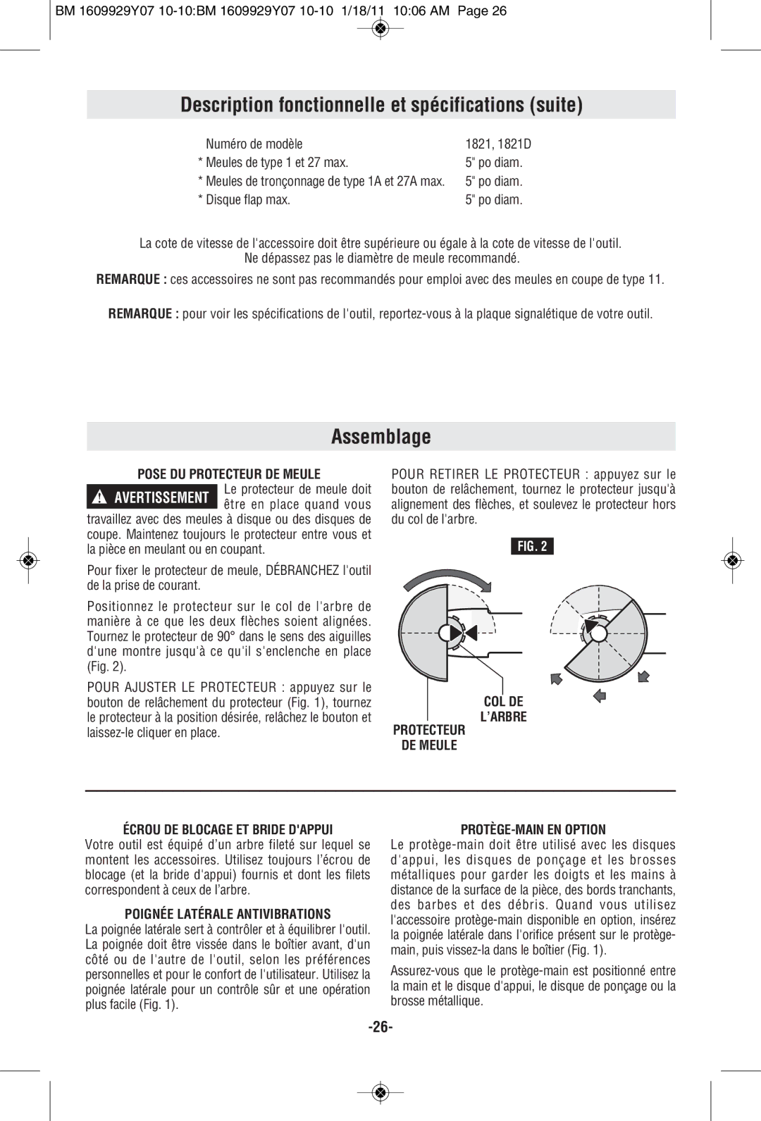 Bosch Power Tools 1821D manual Description fonctionnelle et spécifications suite, Assemblage, Pose DU Protecteur DE Meule 
