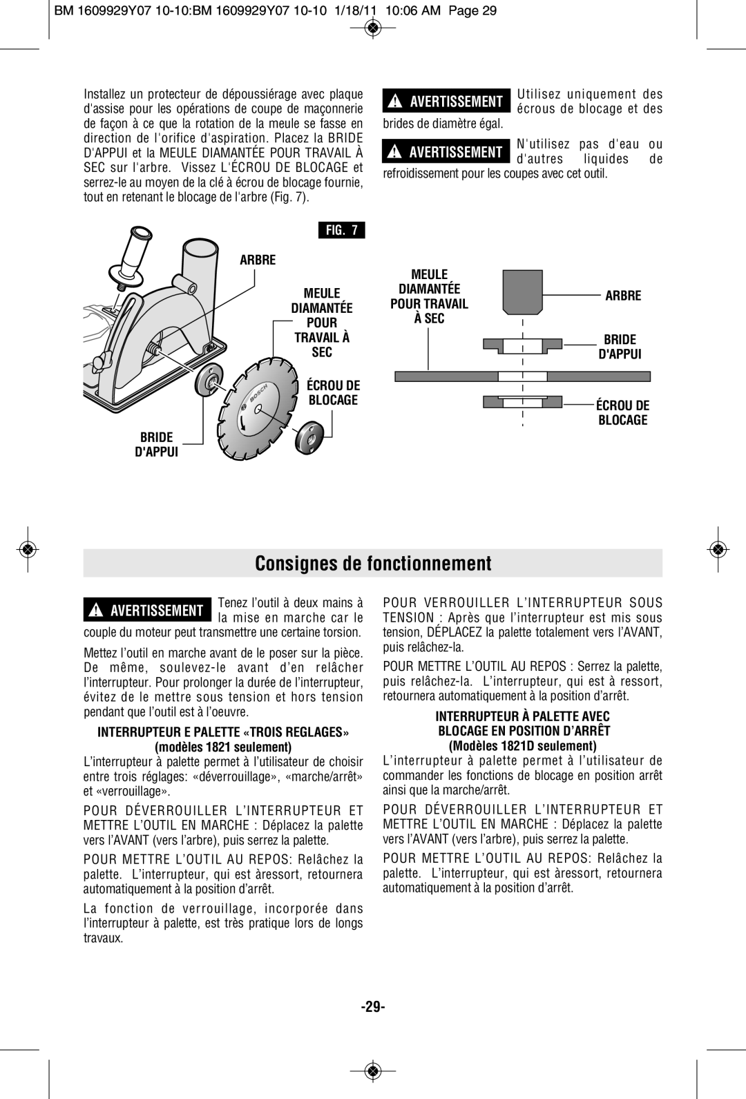 Bosch Power Tools 1821D manual Consignes de fonctionnement, Arbre Meule Diamantée Pour Travail À SEC, Bride Dappui 