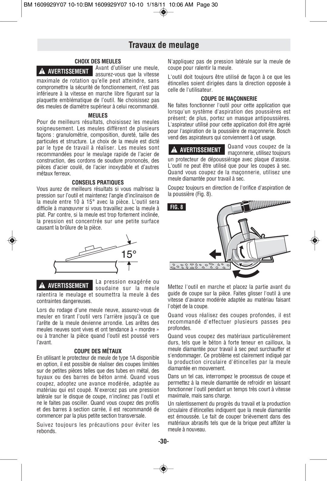 Bosch Power Tools 1821D manual Travaux de meulage 