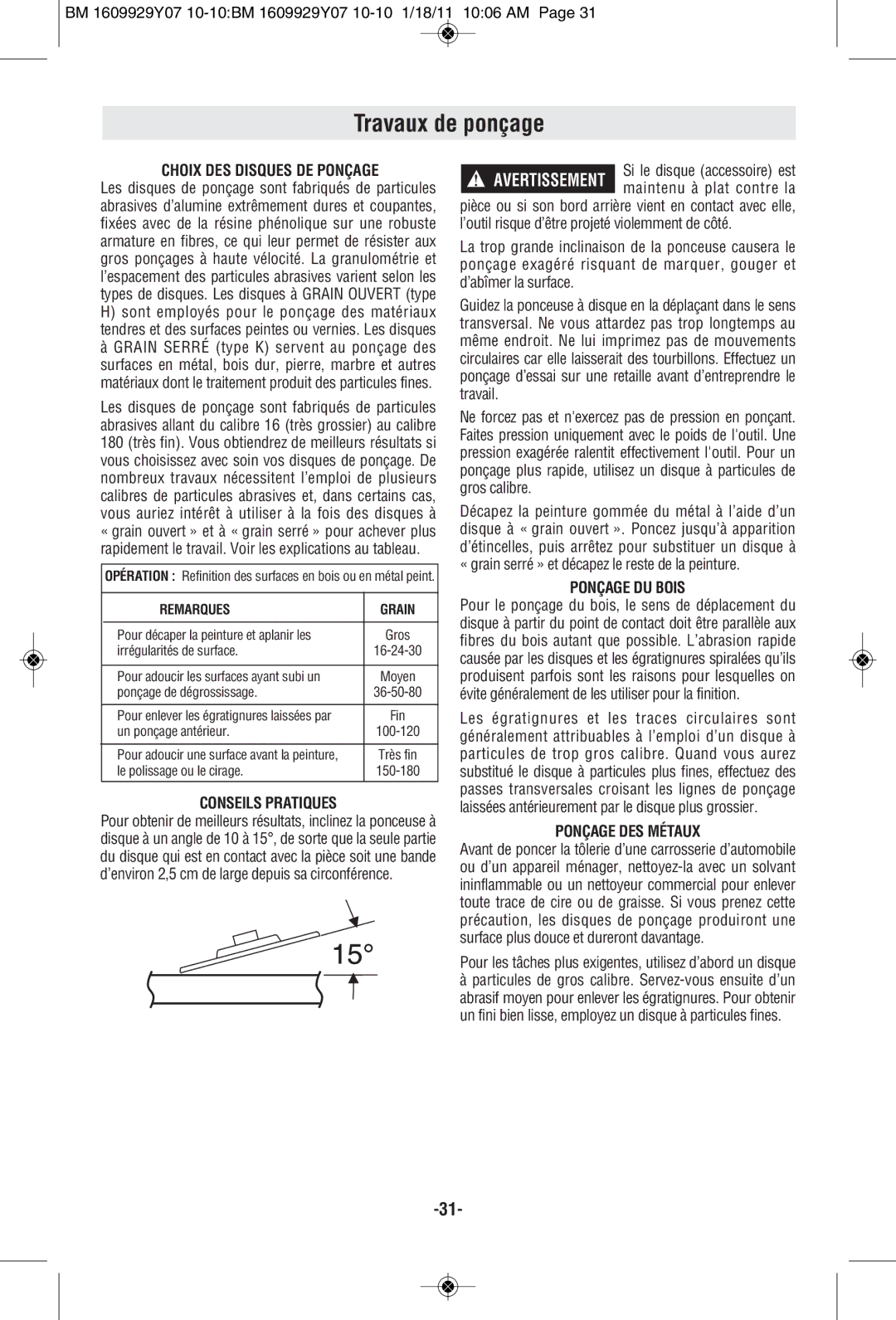 Bosch Power Tools 1821D manual Travaux de ponçage, Choix DES Disques DE Ponçage, Ponçage DU Bois, Ponçage DES Métaux 