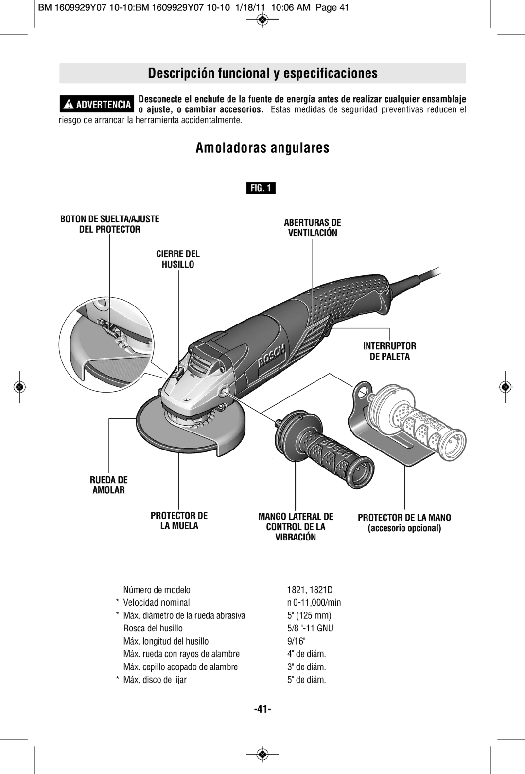 Bosch Power Tools 1821D manual Descripción funcional y especificaciones, Amoladoras angulares 