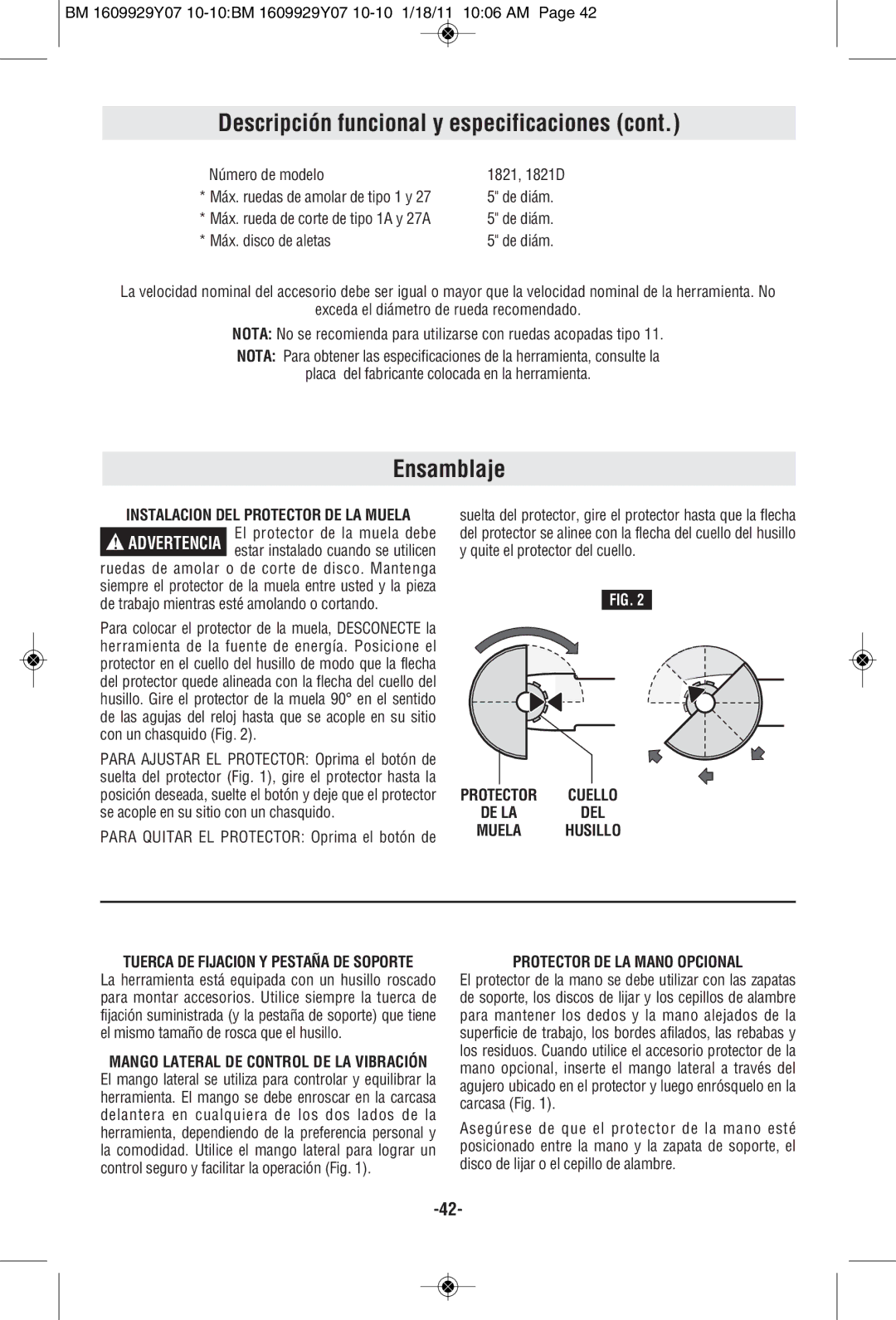 Bosch Power Tools 1821D manual Ensamblaje, Protector Cuello DE LA DEL Muela Husillo, Protector DE LA Mano Opcional 