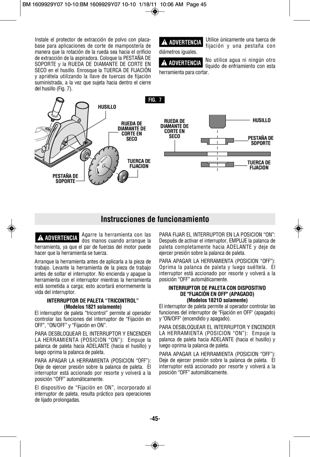 Bosch Power Tools 1821D manual Instrucciones de funcionamiento, Interruptor DE Paleta Tricontrol, Modelos 1821 solamente 