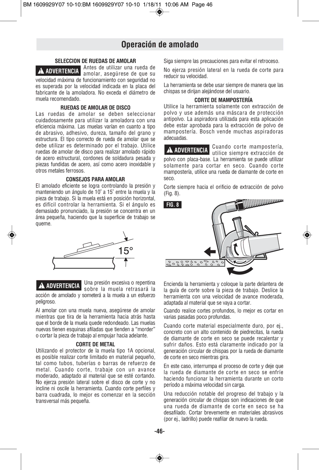 Bosch Power Tools 1821D manual Operación de amolado, Ruedas DE Amolar DE Disco, Consejos Para Amolar, Corte DE Metal 