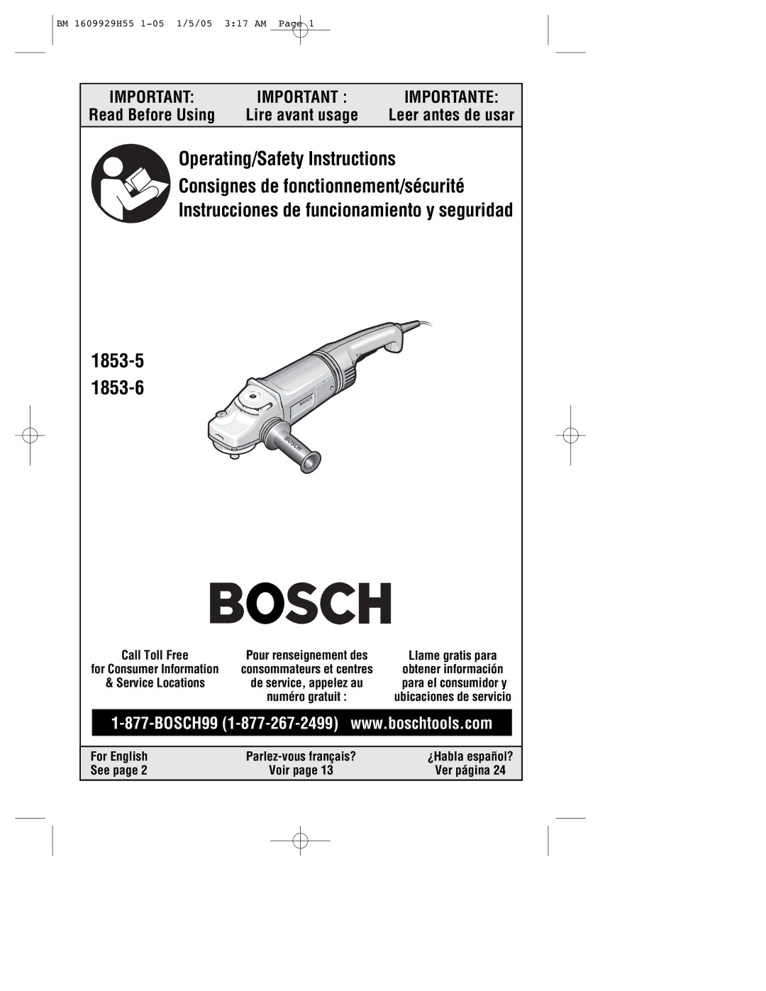 Bosch Power Tools 1853-6, 1853-5 manual Read Before Using, Call Toll Free, Service Locations, For English, See 