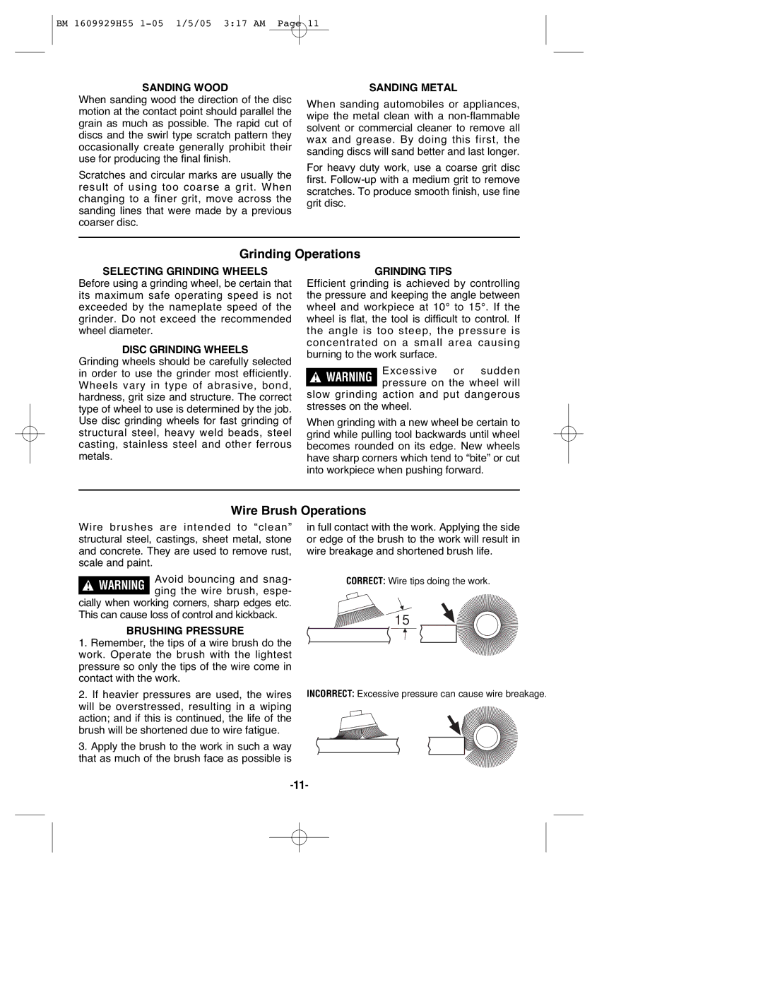 Bosch Power Tools 1853-6, 1853-5 manual Grinding Operations, Wire Brush Operations 