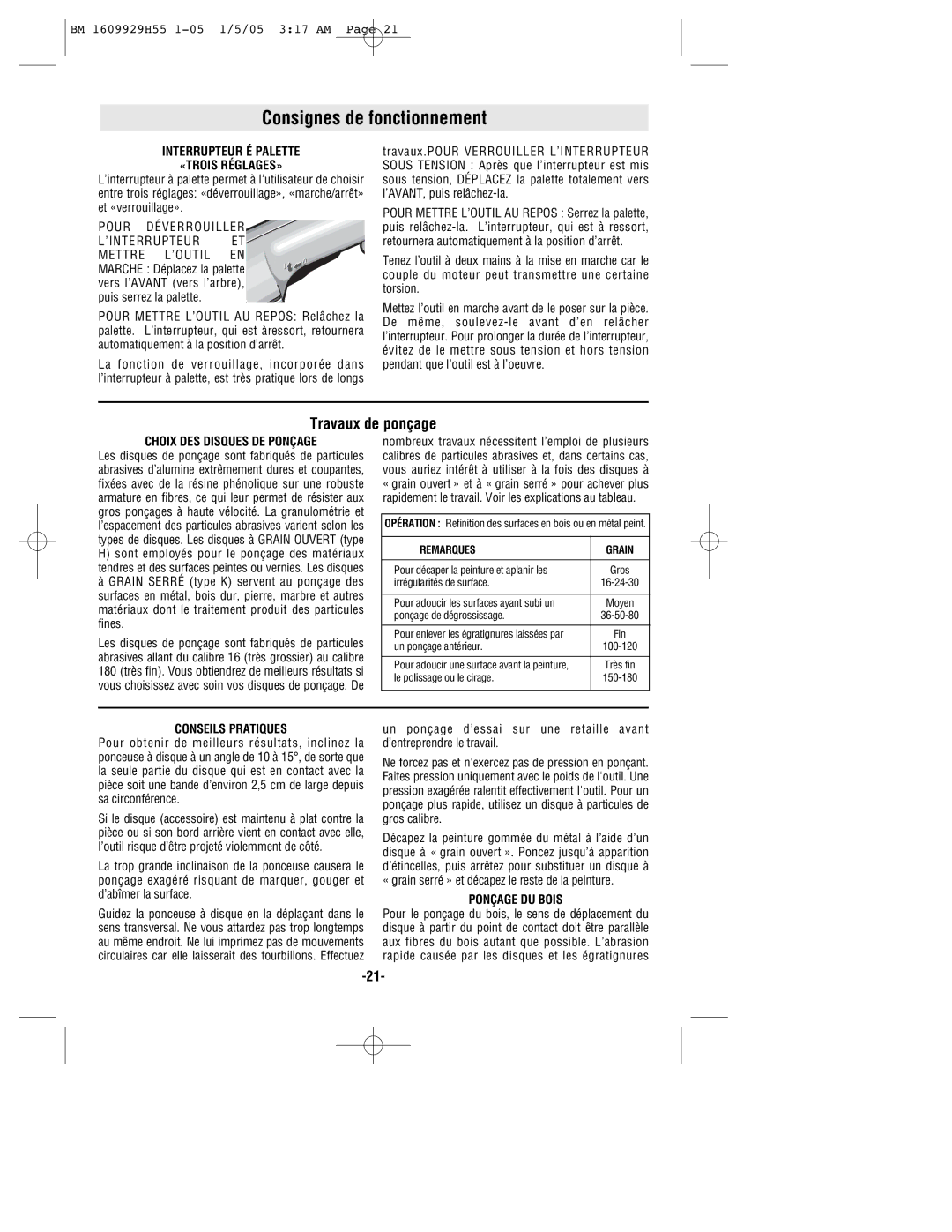 Bosch Power Tools 1853-6, 1853-5 manual Consignes de fonctionnement, Travaux de ponçage 