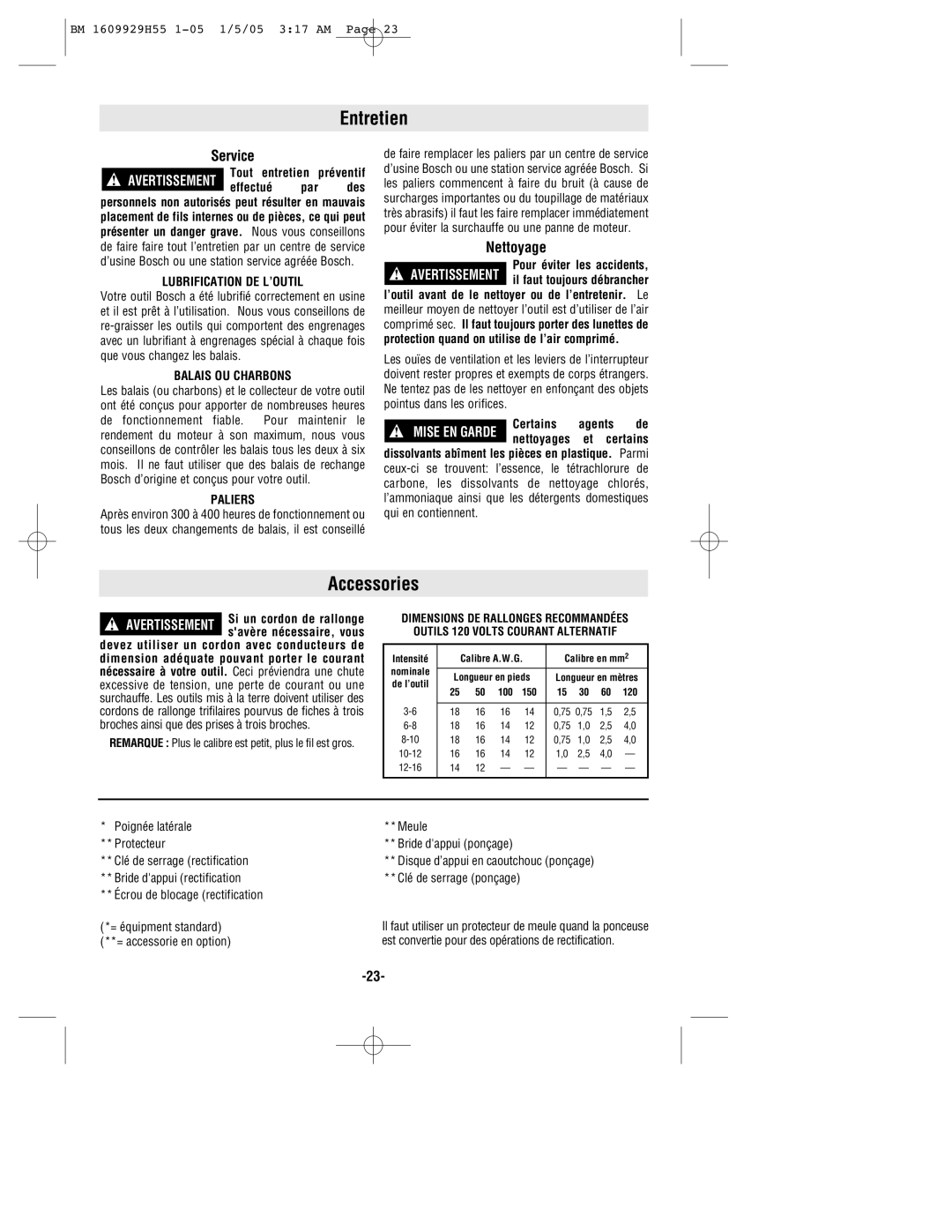 Bosch Power Tools 1853-6, 1853-5 manual Entretien, Nettoyage, Lubrification DE L’OUTIL, Balais OU Charbons, Paliers 