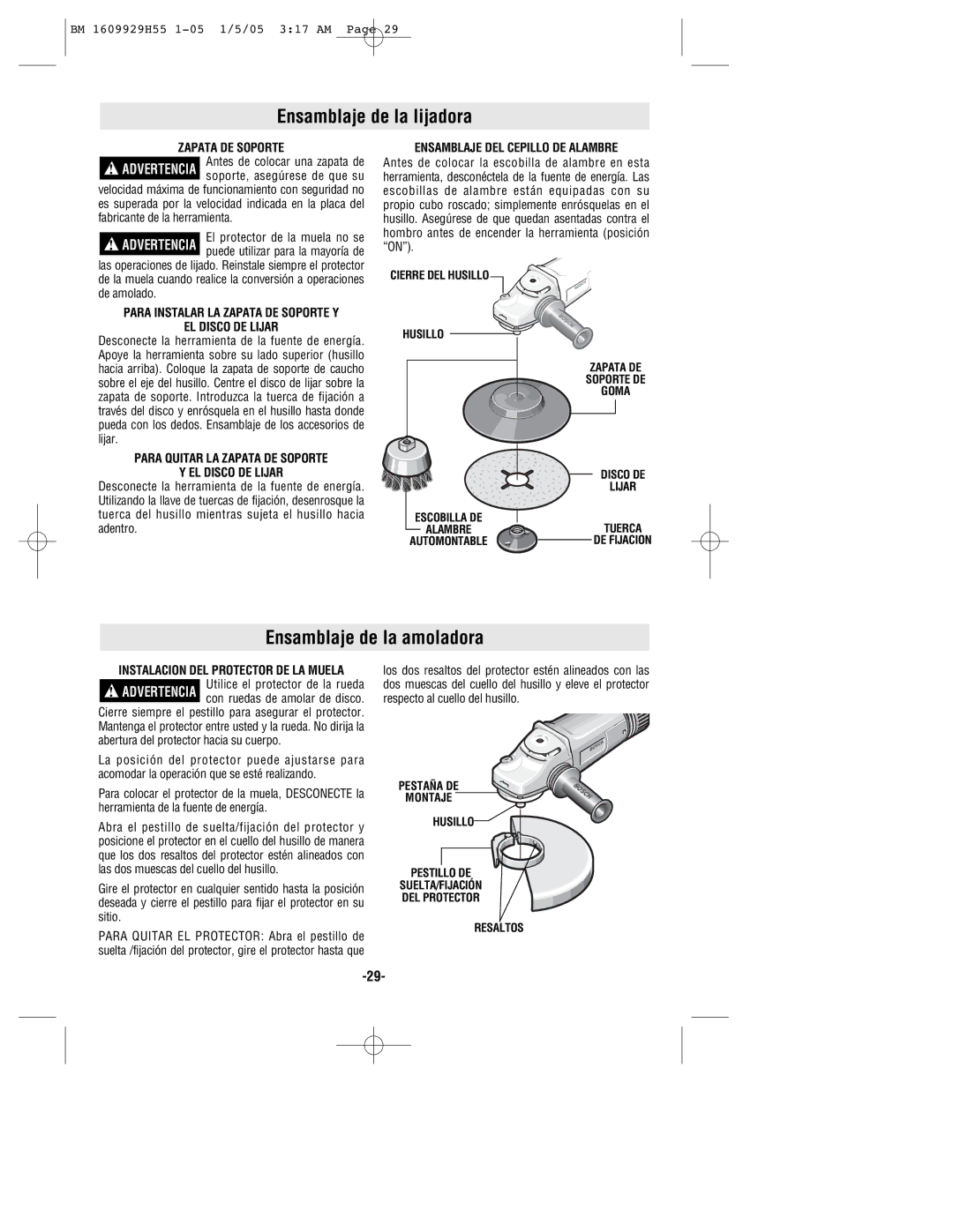 Bosch Power Tools 1853-6, 1853-5 manual Ensamblaje de la lijadora, Ensamblaje de la amoladora 