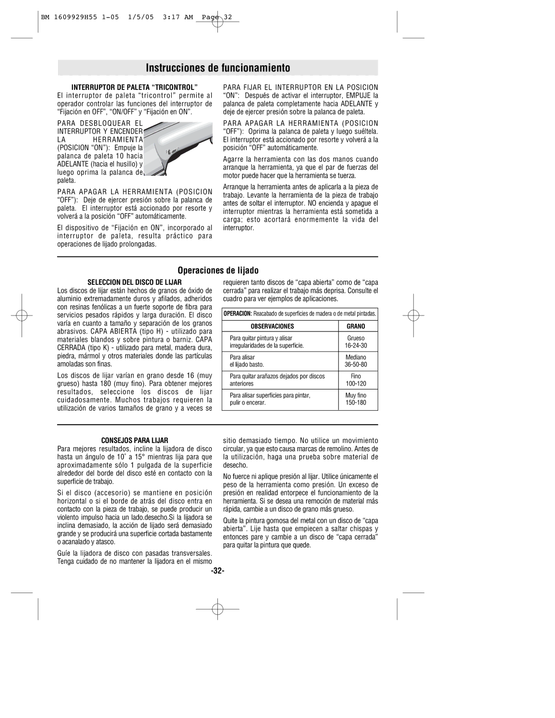 Bosch Power Tools 1853-5, 1853-6 Instrucciones de funcionamiento, Operaciones de lijado, Interruptor DE Paleta Tricontrol 