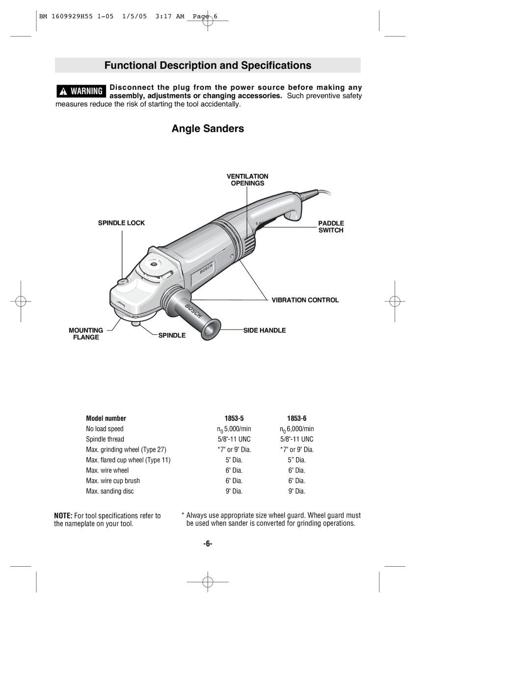 Bosch Power Tools 1853-5, 1853-6 manual Functional Description and Specifications, Angle Sanders, Model number 