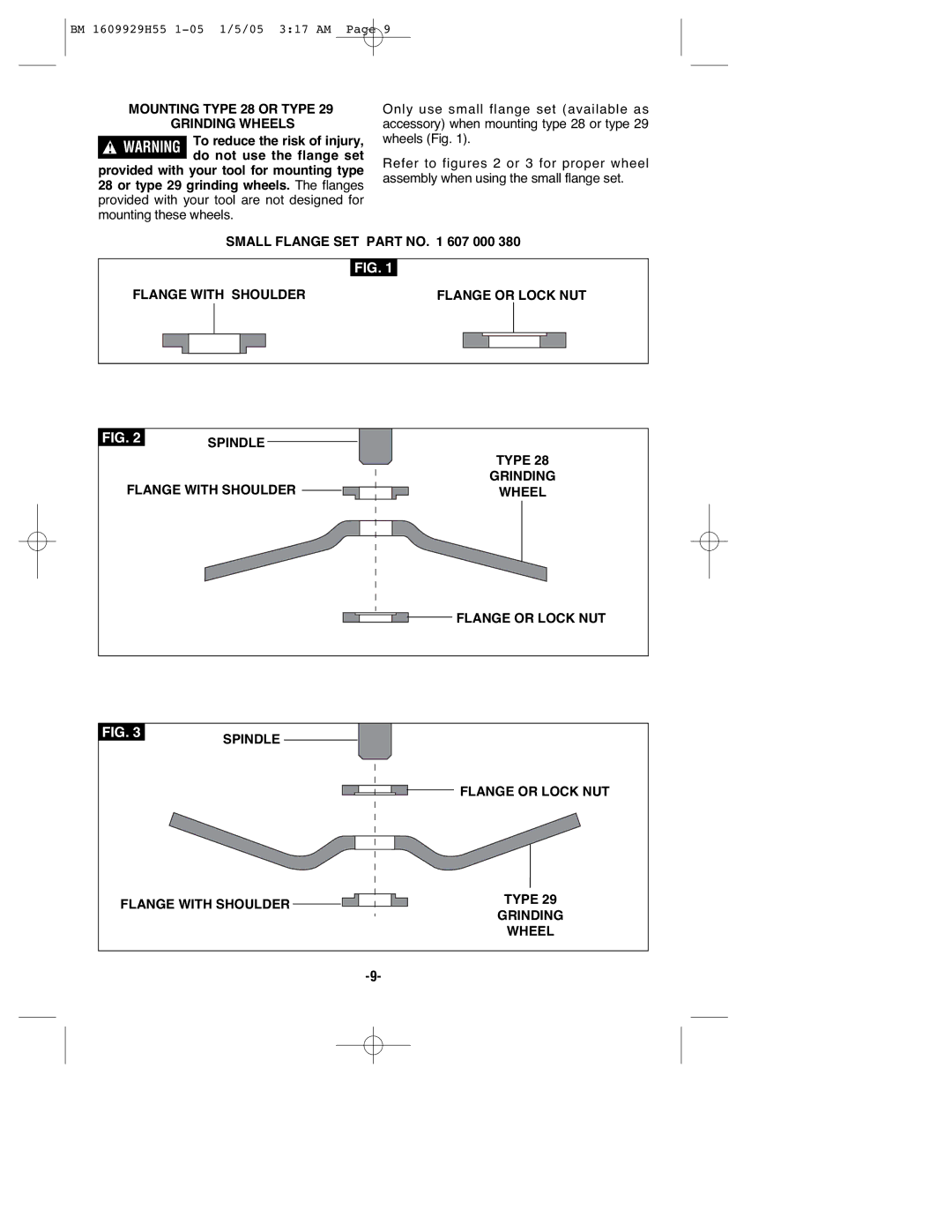 Bosch Power Tools 1853-6, 1853-5 manual Mounting Type 28 or Type Grinding Wheels, Do not use the flange set 