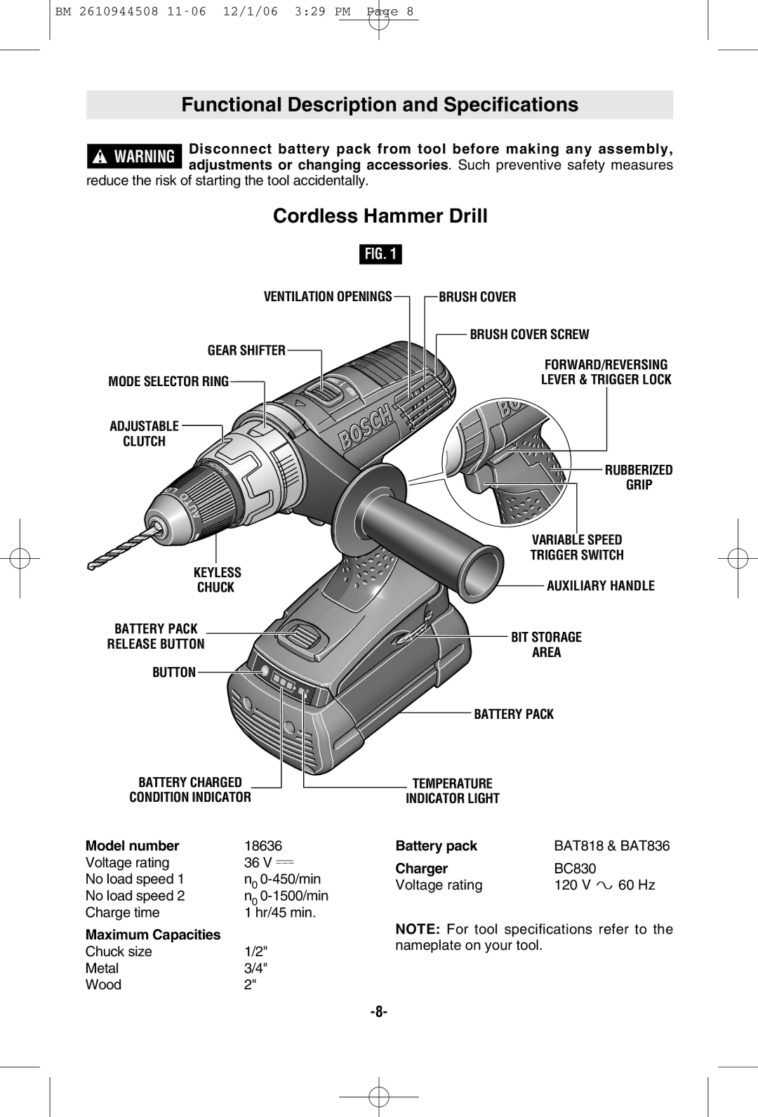 Bosch Power Tools 18636-03, 18636-02 Functional Description and Specifications, Cordless Hammer Drill, Adjustable, Clutch 