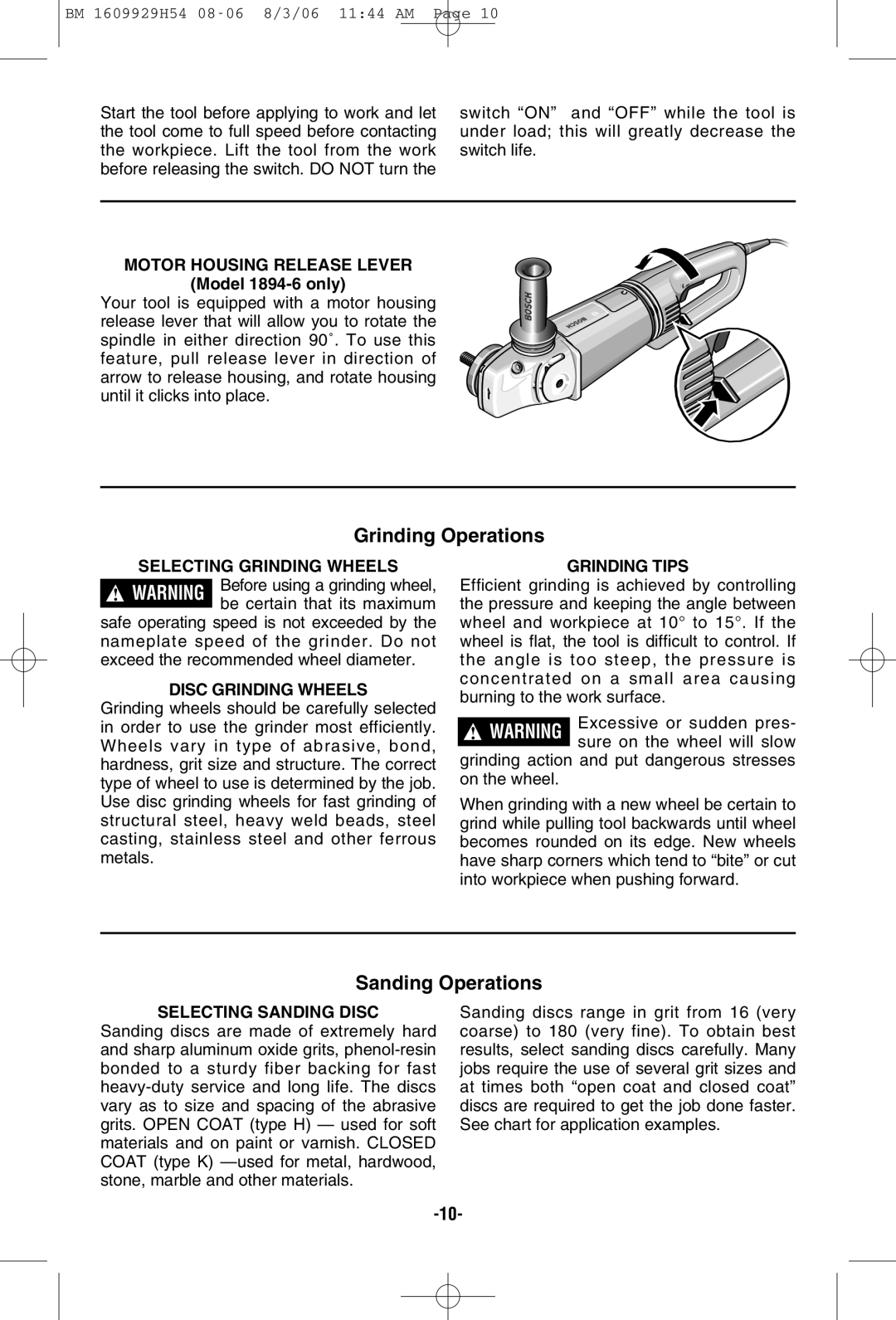 Bosch Power Tools 1894-6, 1873-8F, 1873-6, 1893-6 manual Grinding Operations, Sanding Operations 