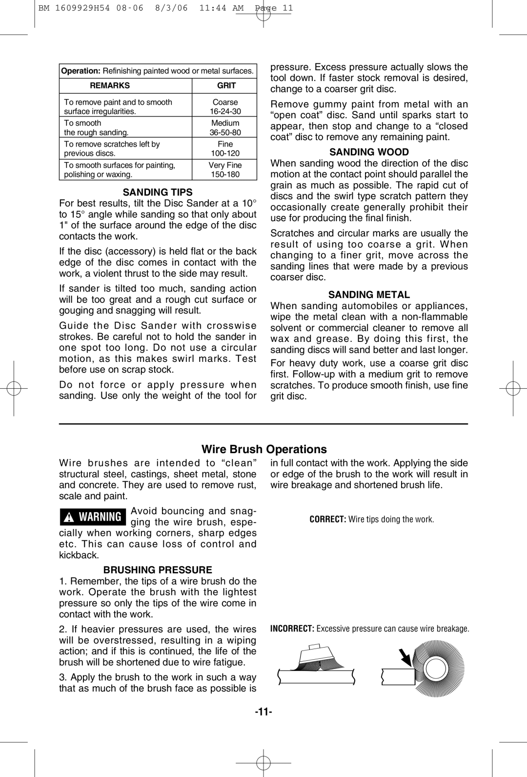 Bosch Power Tools 1873-8, 1894-6 manual Wire Brush Operations, Sanding Tips, Sanding Wood, Sanding Metal, Brushing Pressure 