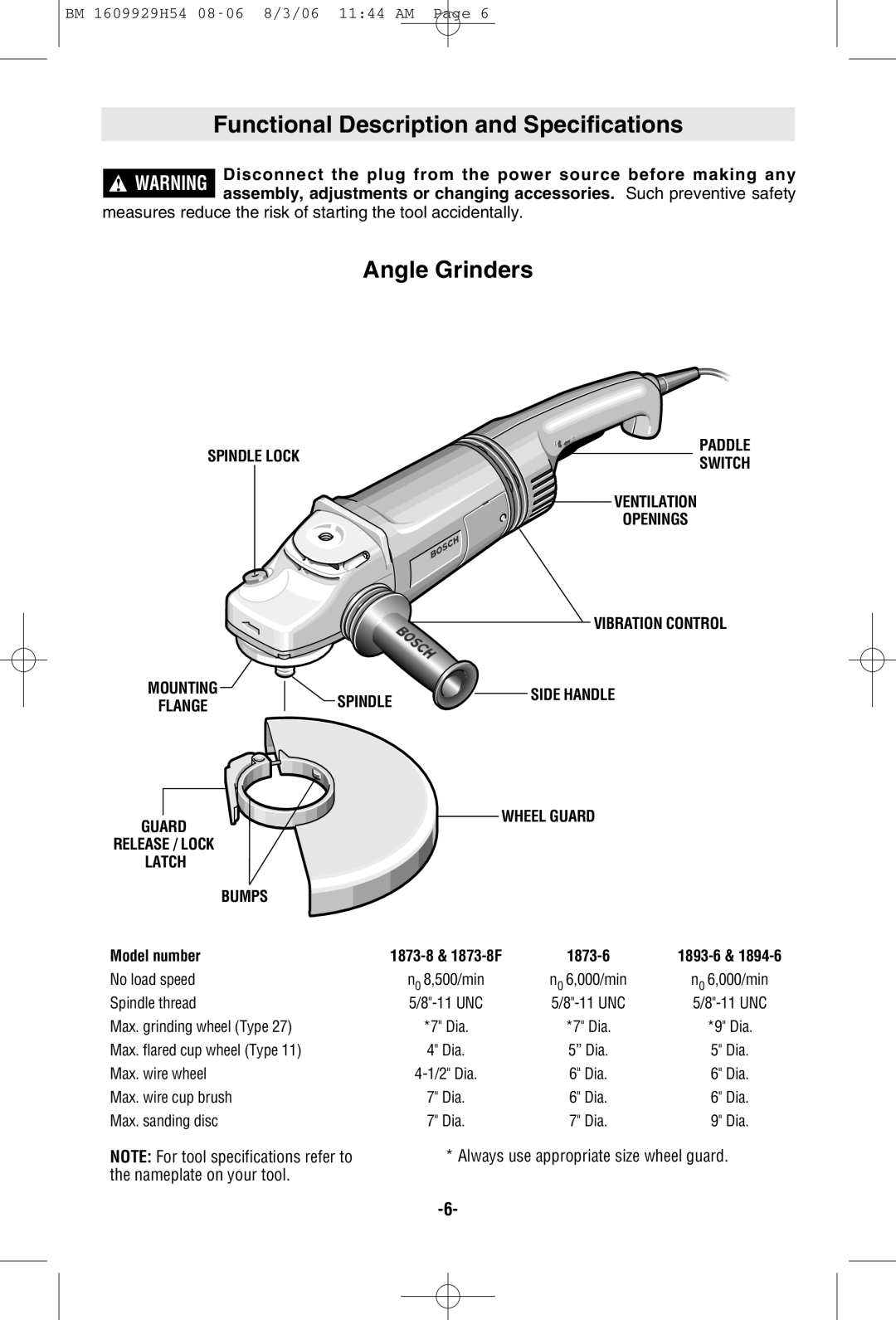 Bosch Power Tools 1894-6, 1873-8F, 1873-6, 1893-6 manual Functional Description and Specifications, Angle Grinders 