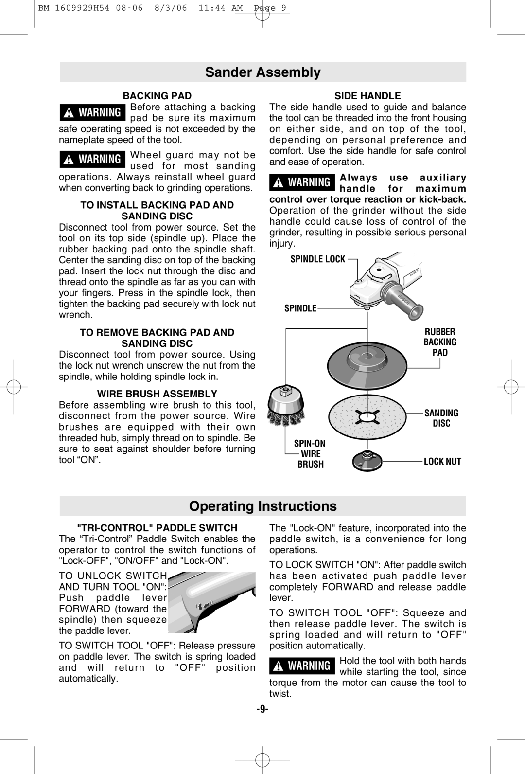 Bosch Power Tools 1893-6, 1894-6, 1873-8F, 1873-6 manual Sander Assembly, Operating Instructions 