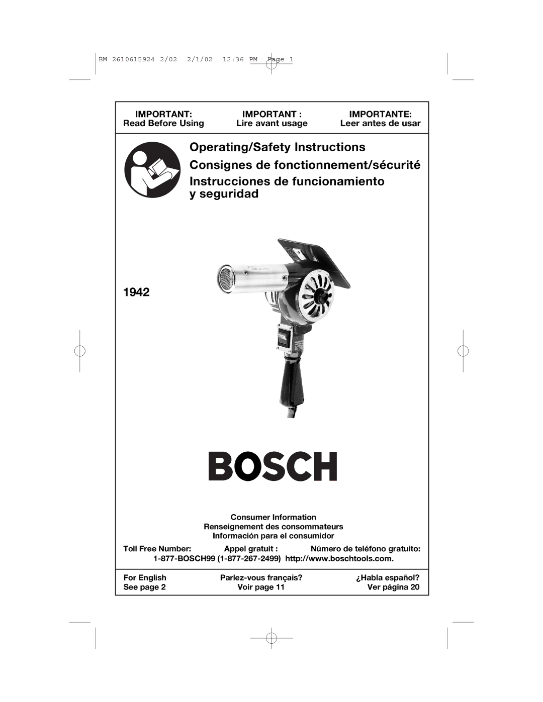 Bosch Power Tools 1942 manual Read Before Using Lire avant usage Leer antes de usar, Parlez-vous français? 