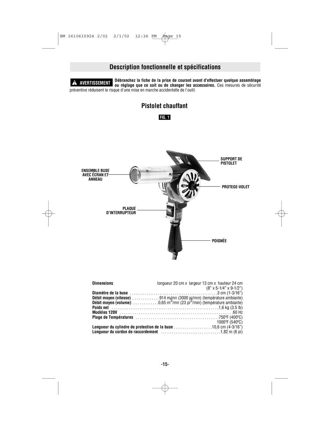 Bosch Power Tools 1942 manual Description fonctionnelle et spécifications, Pistolet chauffant, Dimensions, 1000ºF 540ºC 