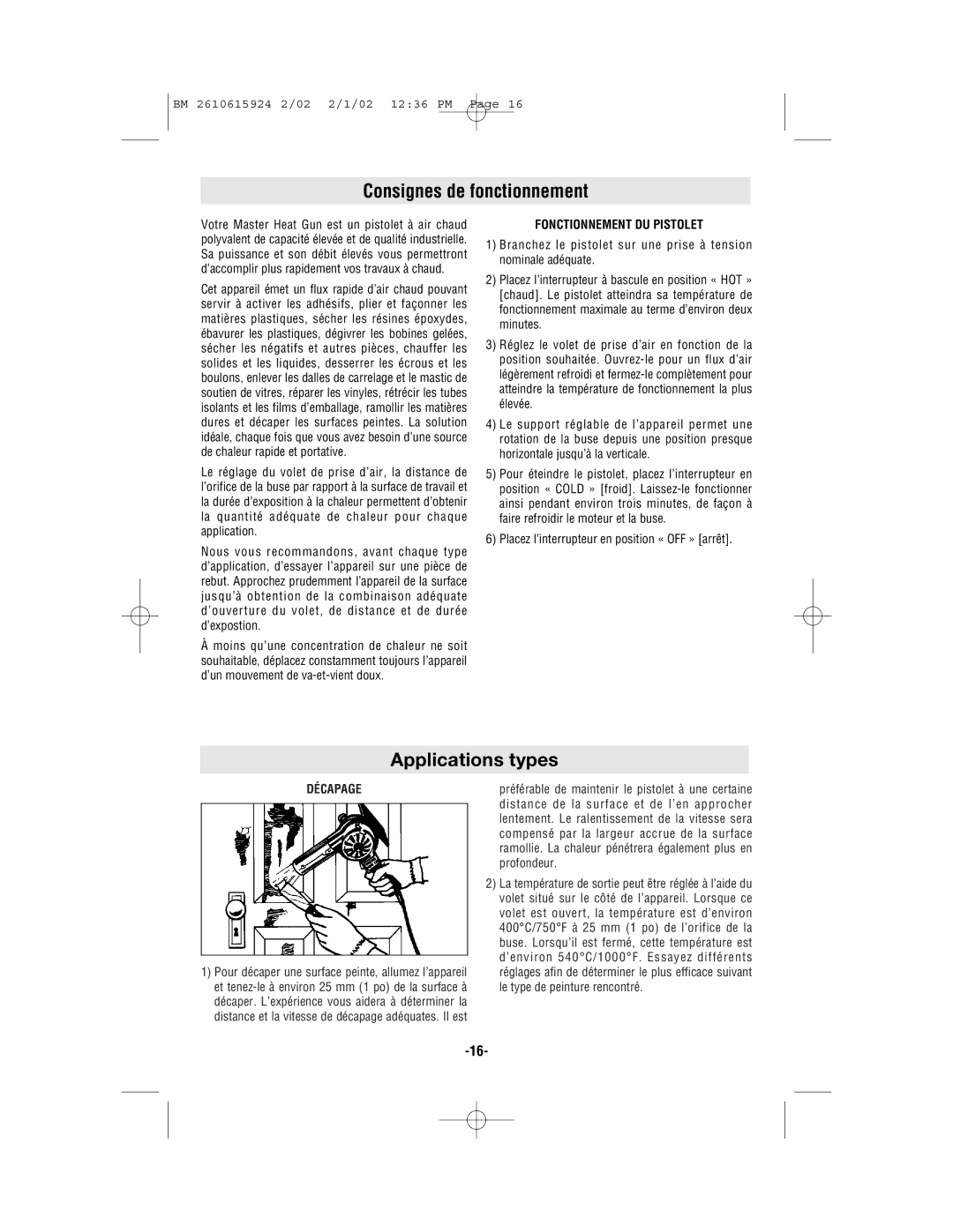 Bosch Power Tools 1942 manual Consignes de fonctionnement, Applications types, Fonctionnement DU Pistolet, Décapage 