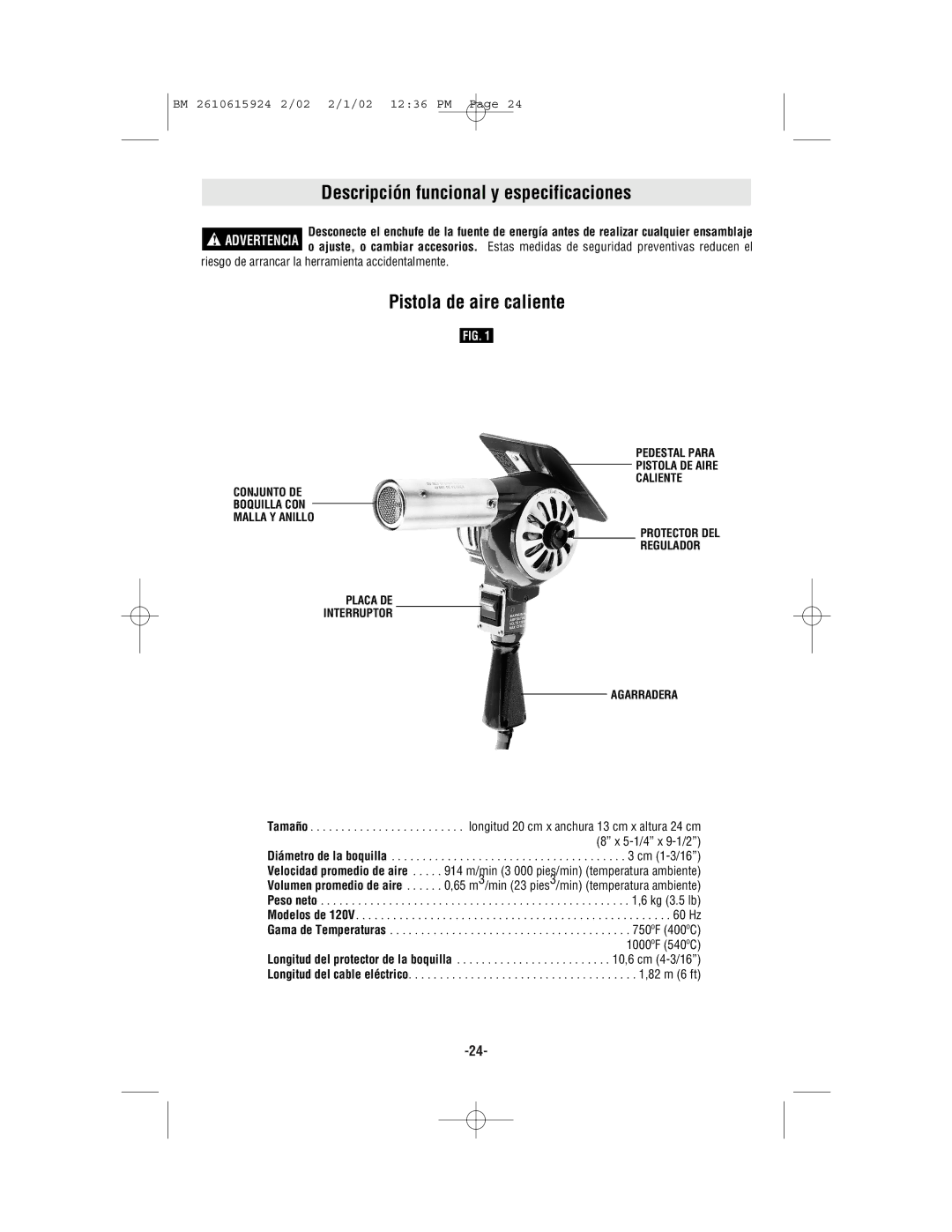 Bosch Power Tools 1942 manual Descripción funcional y especificaciones, Pistola de aire caliente 