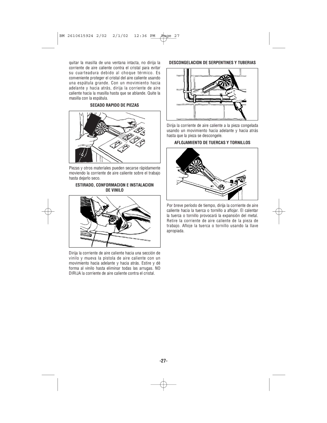 Bosch Power Tools 1942 manual Secado Rapido DE Piezas, DE Vinilo Descongelacion DE Serpentines Y Tuberias 