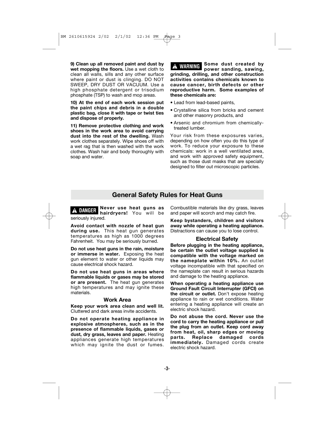 Bosch Power Tools 1942 manual General Safety Rules for Heat Guns, Work Area, Electrical Safety, Seriously injured 